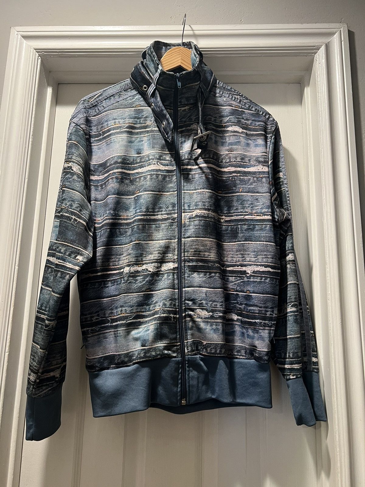 image of Adidas x Jeremy Scott Denim Soccer Jacket in Blue Denim, Men's (Size Medium)