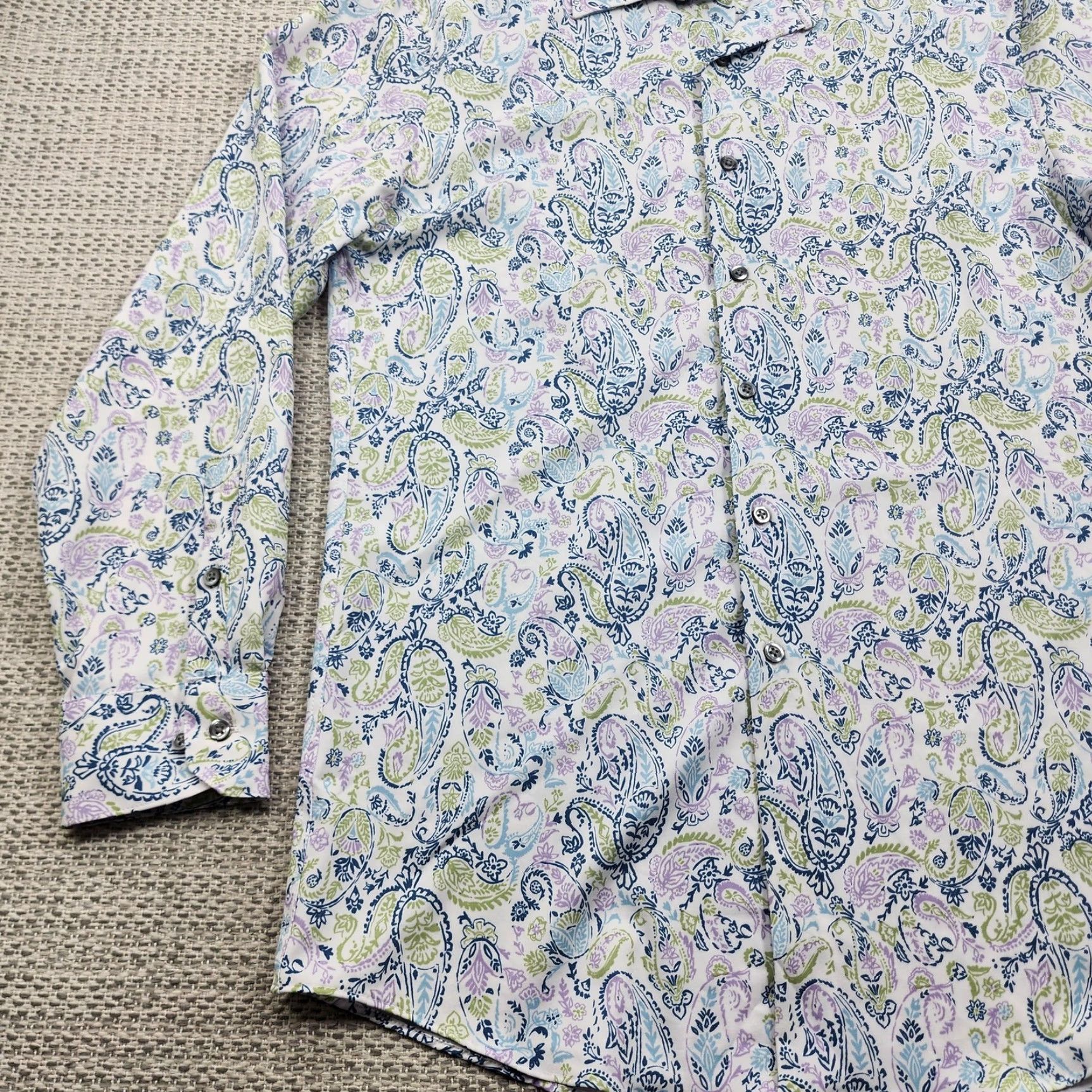 Alfani Alfani Shirt Mens 15-15.5 32-33 White Paisley Slim Fit Stretch Button-Down Shirt Size US L / EU 52-54 / 3 - 3 Thumbnail