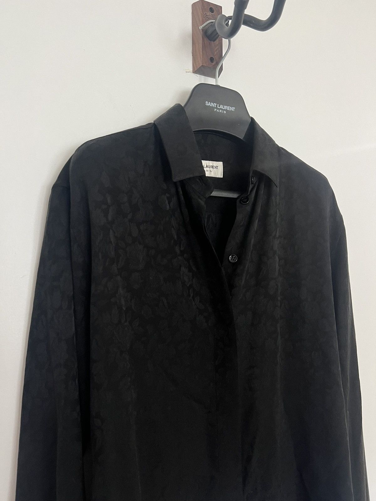 image of Saint Laurent Paris Viscoe Rose Embroidered Shirt in Black, Men's (Size Medium)