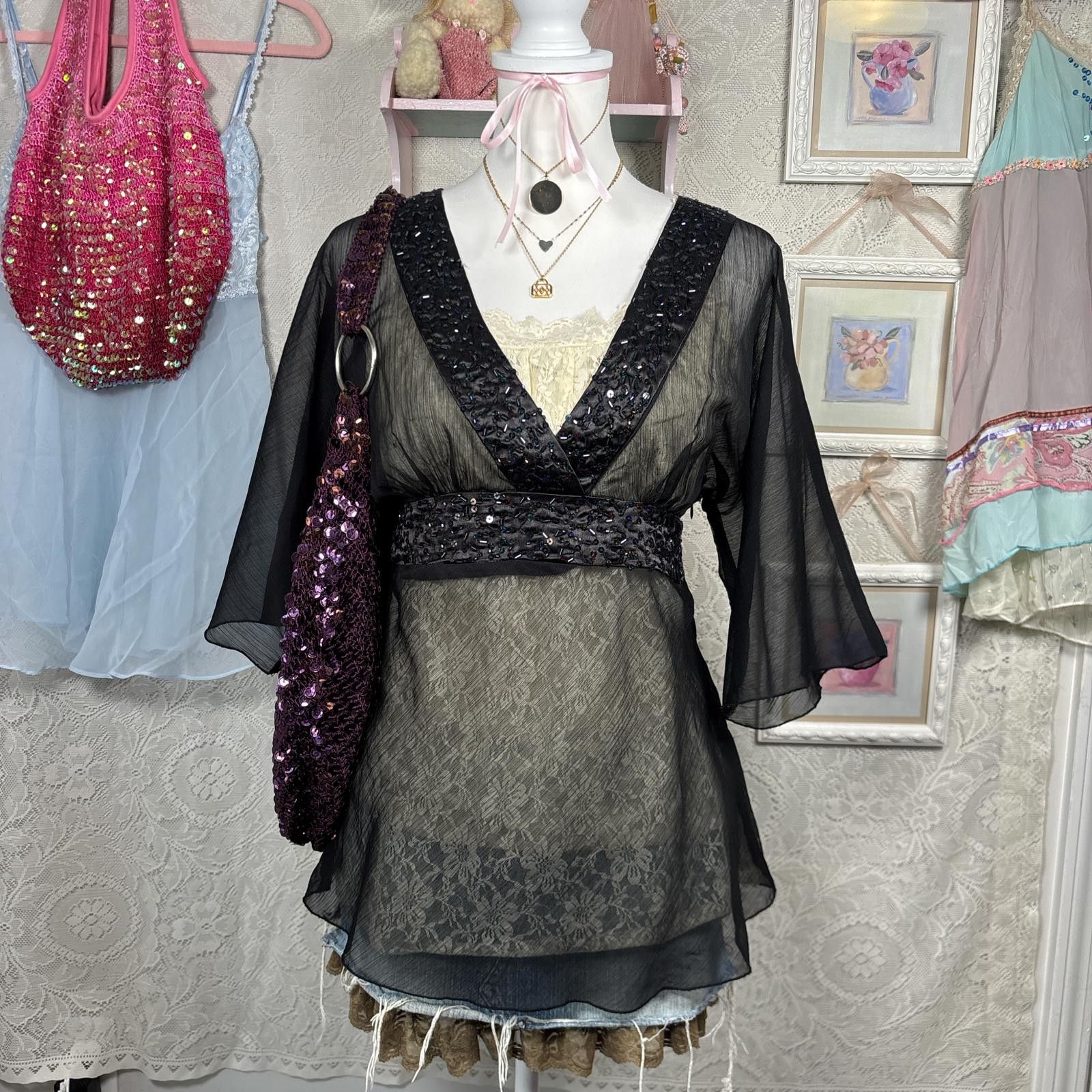 Other y2k sheer beaded tie back blouse Size M / US 6-8 / IT 42-44 - 1 Thumbnail