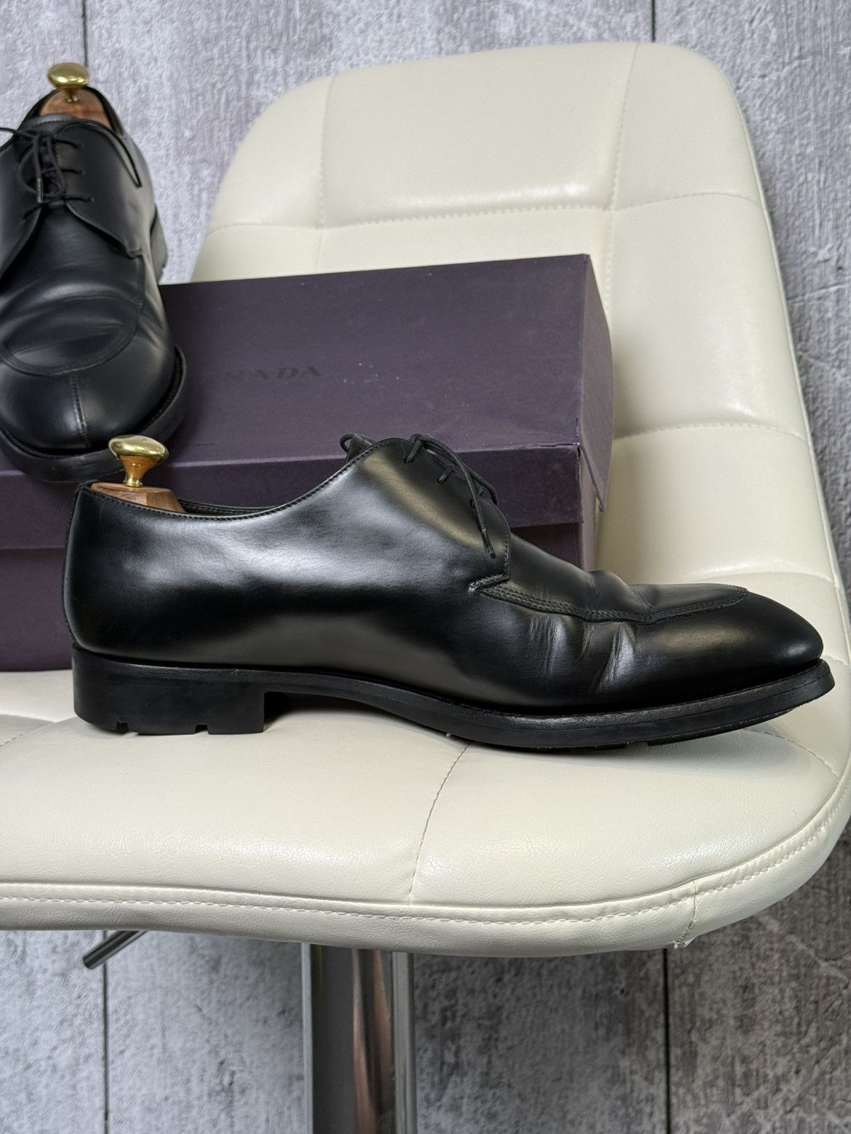 Prada Prada Black Leather Apron Toe Derby Men’s Dress Shoes Italy Size US 11 / EU 44 - 6 Thumbnail