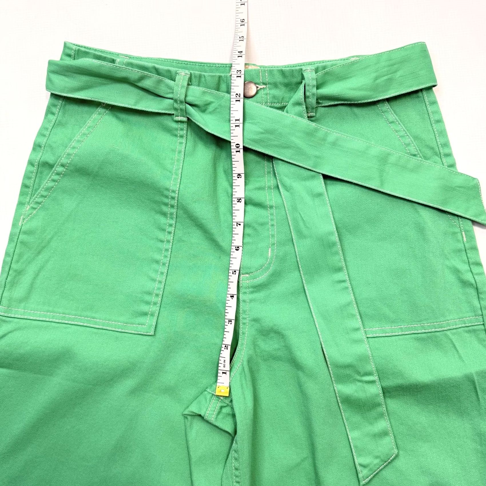 Vintage GB Junior Pants 11 Green Cropped Wide-Leg Belted Twill Pockets Stretch Casual Men/Women? Size 32" / US 10 / IT 46 - 5 Thumbnail