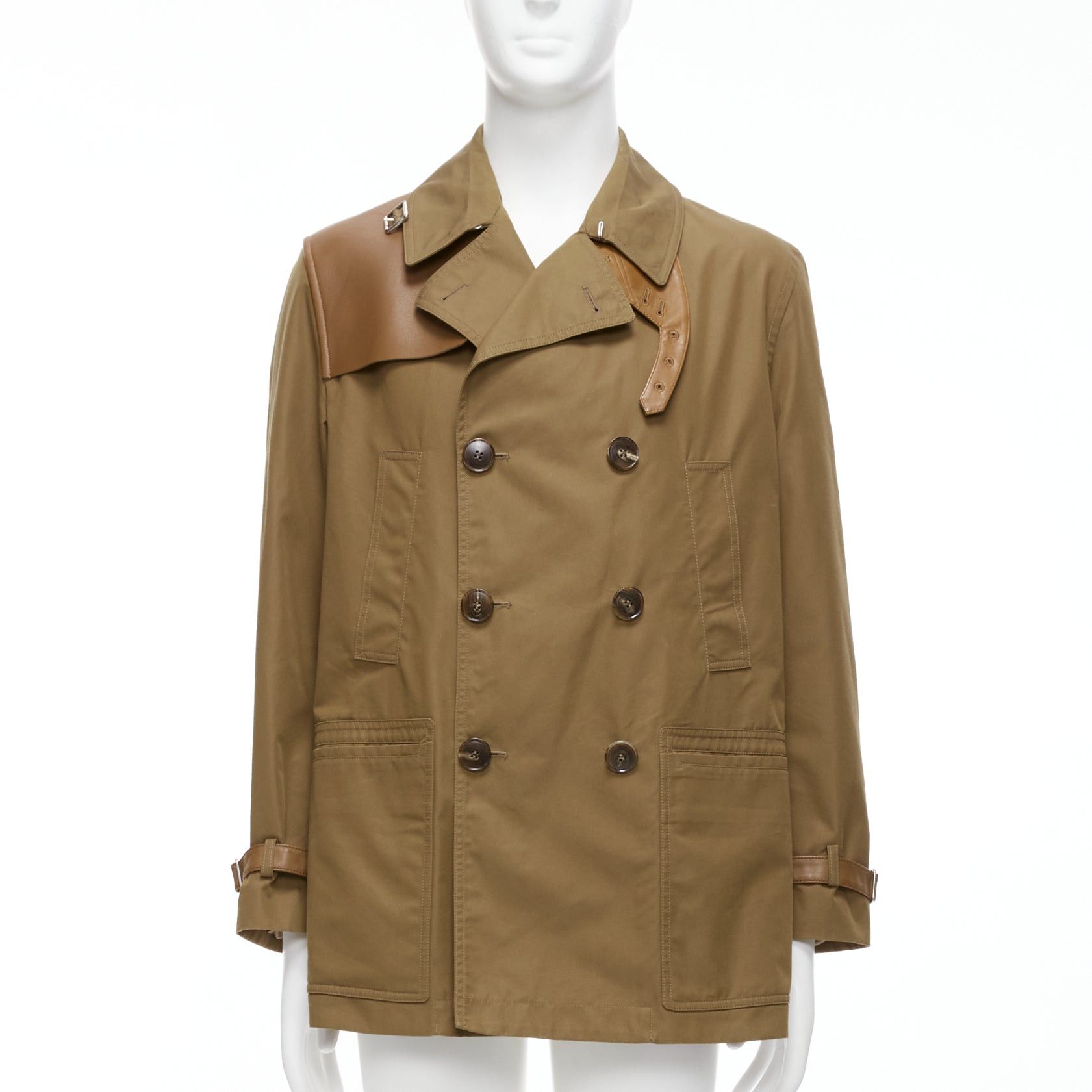 Gucci GUCCI Vintage brown leather trimmed cotton wool blend lined trench coat IT48 M Size US M / EU 48-50 / 2 - 1 Thumbnail