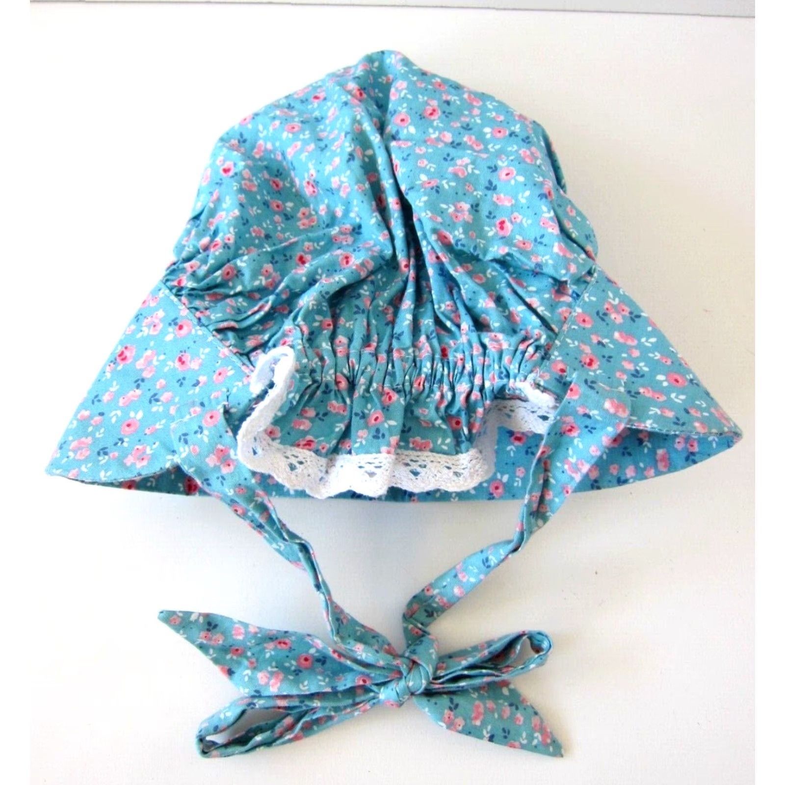 Vintage Vintage Handmade Pink Blue Cotton Floral Rose Hat Hood Cap Chapeau Bonnet S-M Womens Size ONE SIZE - 4 Thumbnail