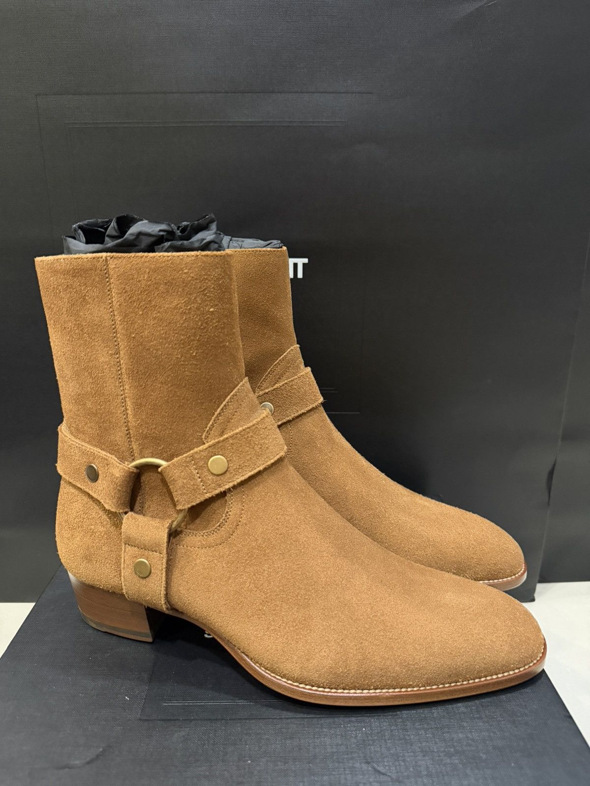 Saint Laurent Paris SAINT LAURENT TOBACCO SUEDE HARNESS BOOTS IN SIZE 42 Size US 8 / EU 41 - 1 Thumbnail