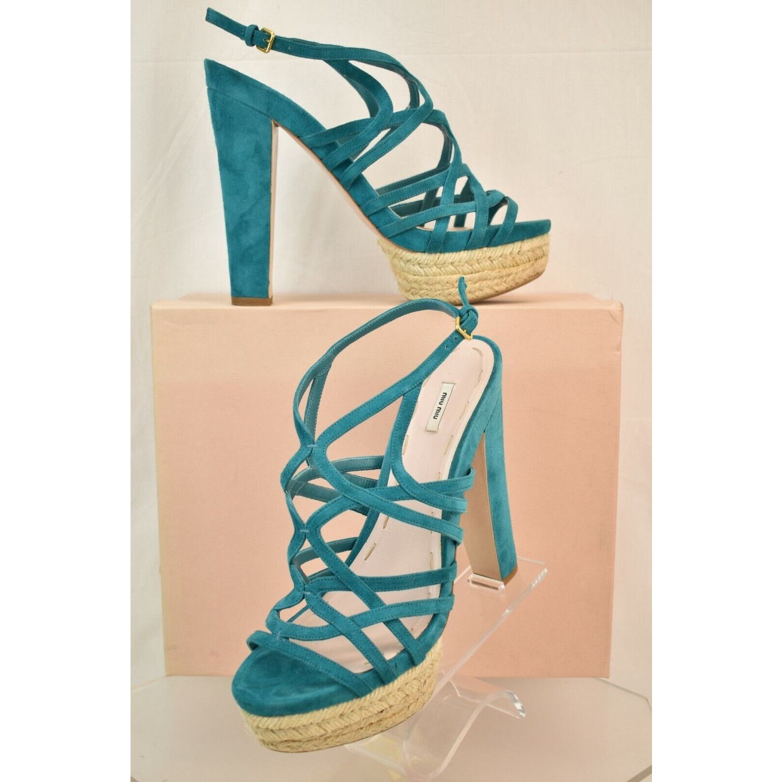 Miu Miu TURQUOISE SUEDE CRISS CROSS PLATFORM ESPADRILLE SANDALS 40 Size US 10 / IT 40 - 1 Thumbnail