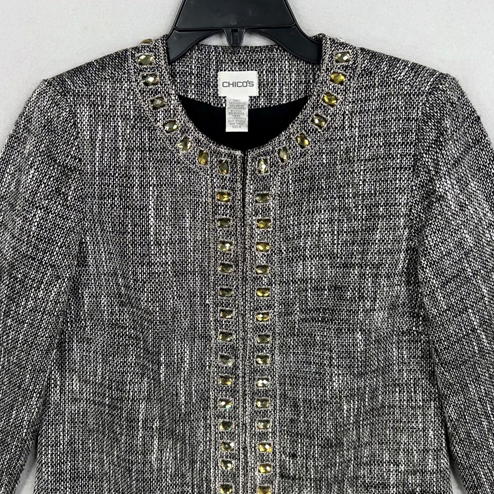 Vintage Chicos Jacket Women 0 Metallic Jewel Embellished Tweed Long Blazer Career Casual Party/Cocktail Size S / US 4 / IT 40 - 2 Thumbnail
