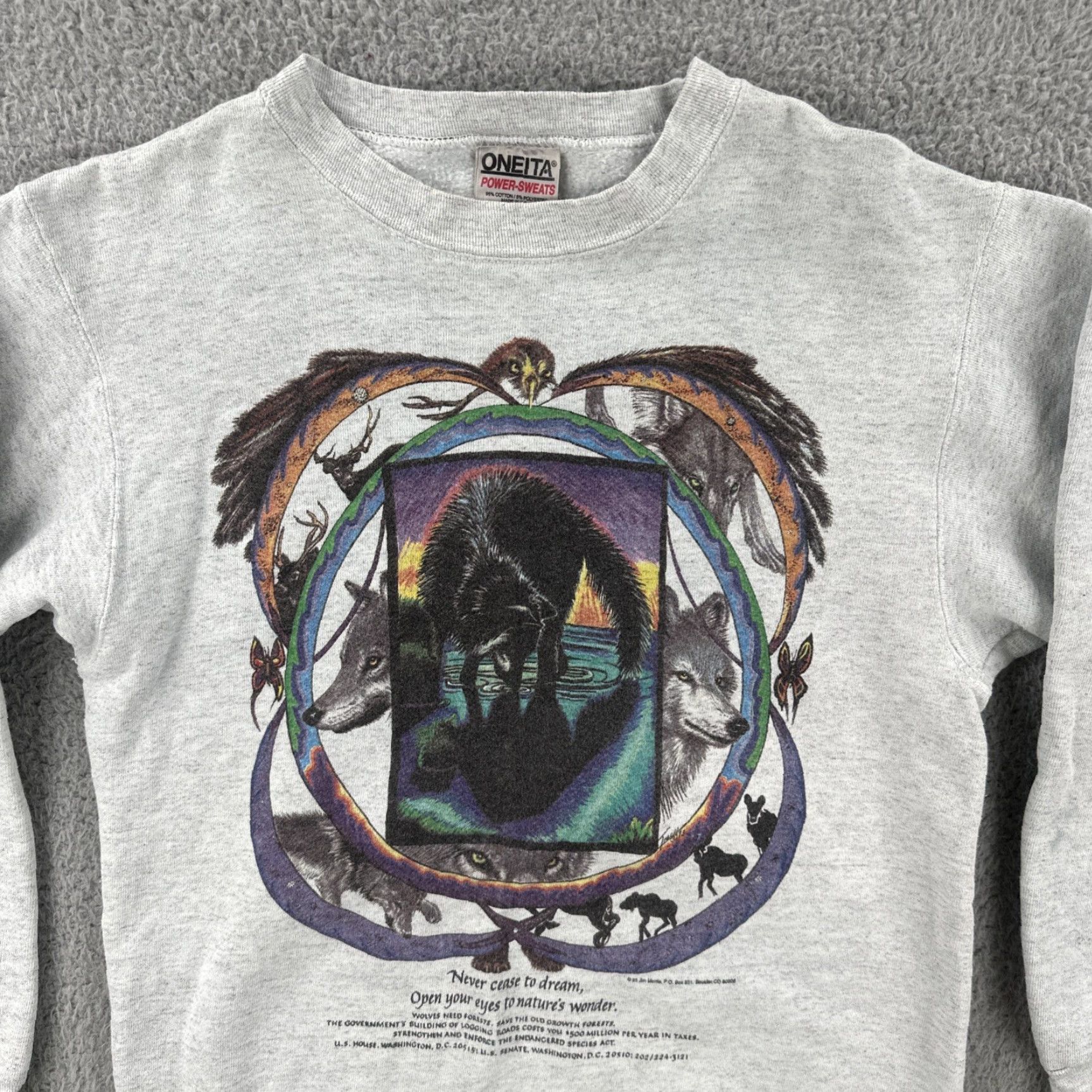 Vintage VINTAGE Oneita Power Sweats Sweatshirt Adult S Gray Wolf Graphic Print 90s Nature Mens Pullover Crewneck Regular Cotton Heavyweight Size US S / EU 44-46 / 1 - 5 Thumbnail