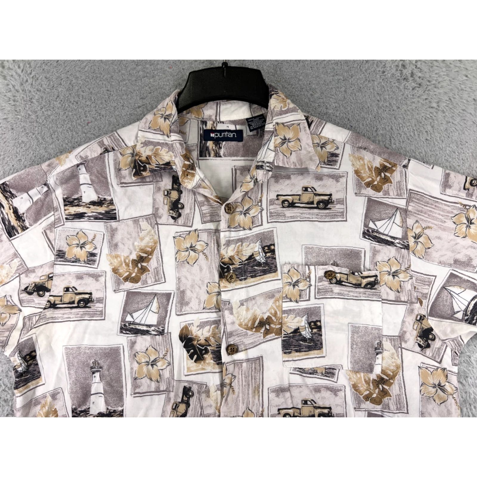 Vintage Puritan Shirt Mens Large Beige Hawaiian Sailboat Lighthouse Truck Postcard Rayon Size US L / EU 52-54 / 3 - 4 Thumbnail