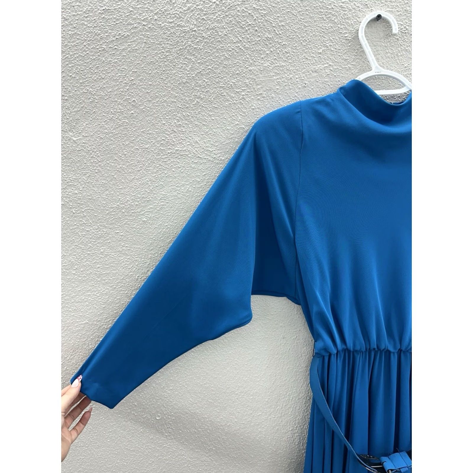 Vintage Willi of California Dress Blue VTG Belted Mock Neck Long Sleeve 6 Womens Vintage 80s 90s Spring Summer Fall Size M / US 6-8 / IT 42-44 - 2 Thumbnail