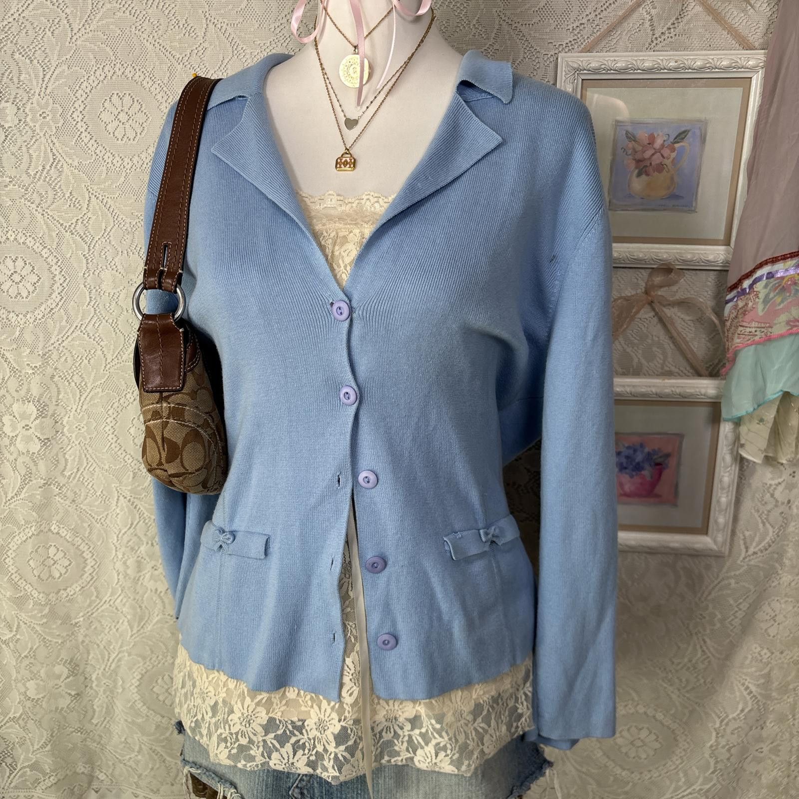 Other vintage cottage core blue bow cardigan Size L / US 10 / IT 46 - 3 Thumbnail