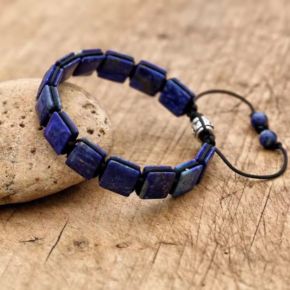 Handmade 10mm Square Lapiz Lazuli Stone Beads Braided Bracelet Size ONE SIZE - 4 Thumbnail