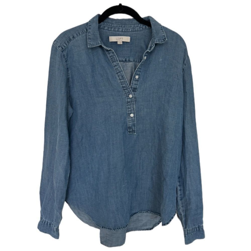 Loft Ann Taylor LOFT Women’s Size M Blue Chambray Denim Button Do Size M / US 6-8 / IT 42-44 - 3 Thumbnail