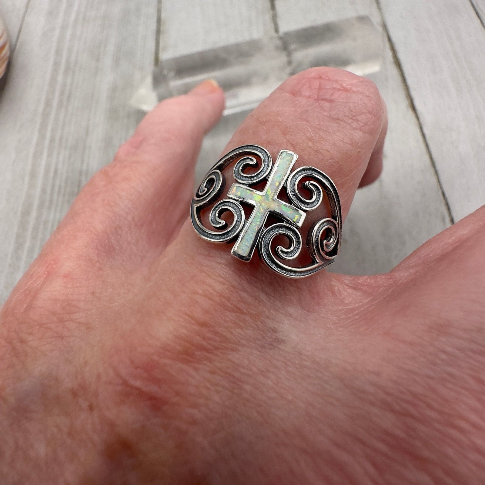 The Unbranded Brand Lab Opal Cross Sterling Silver Ring Size ONE SIZE - 2 Thumbnail