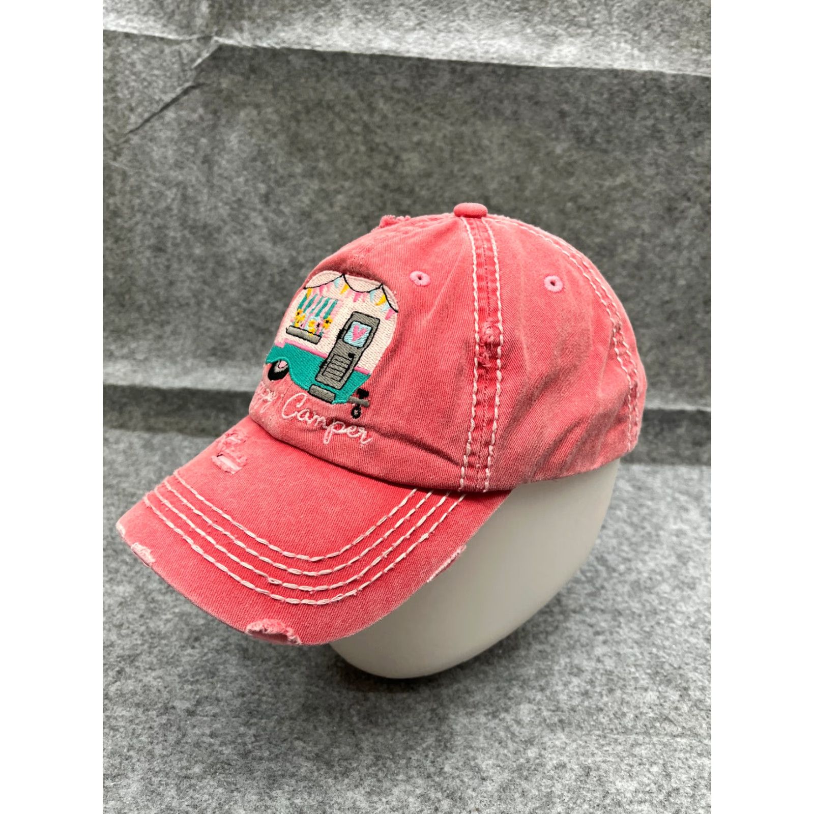 Camper KBethos Happy Camper Beach Cap Hat Adjustable Strap Back One Size Pink Cotton Womens Size ONE SIZE - 4 Thumbnail