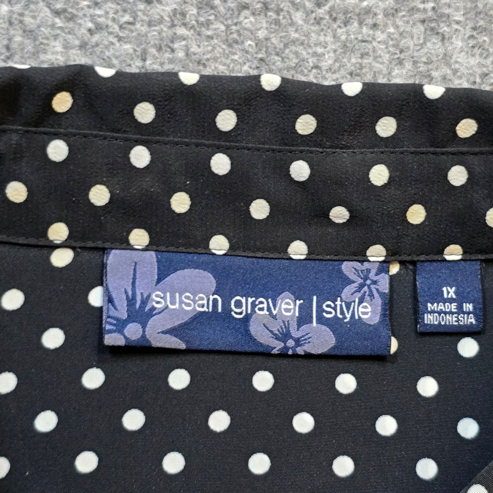 Vintage Susan Graver Top Womens 1X Black White Polka Dot 3/4 Sleeve Blouse Size XL / US 12-14 / IT 48-50 - 3 Thumbnail