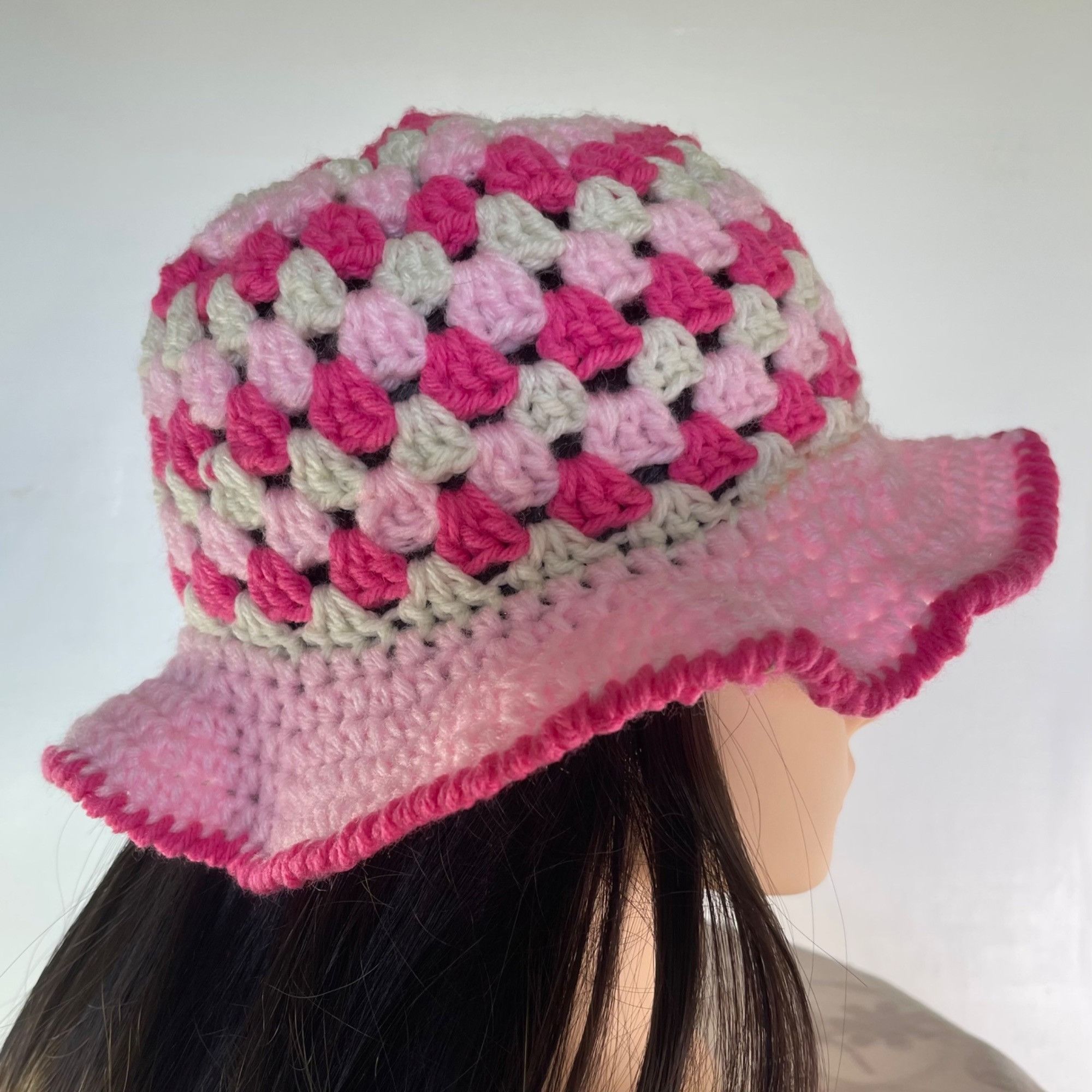 Handmade Crochet Bucket Hat Granny Square Pattern Pink and White Adul Size ONE SIZE - 3 Thumbnail