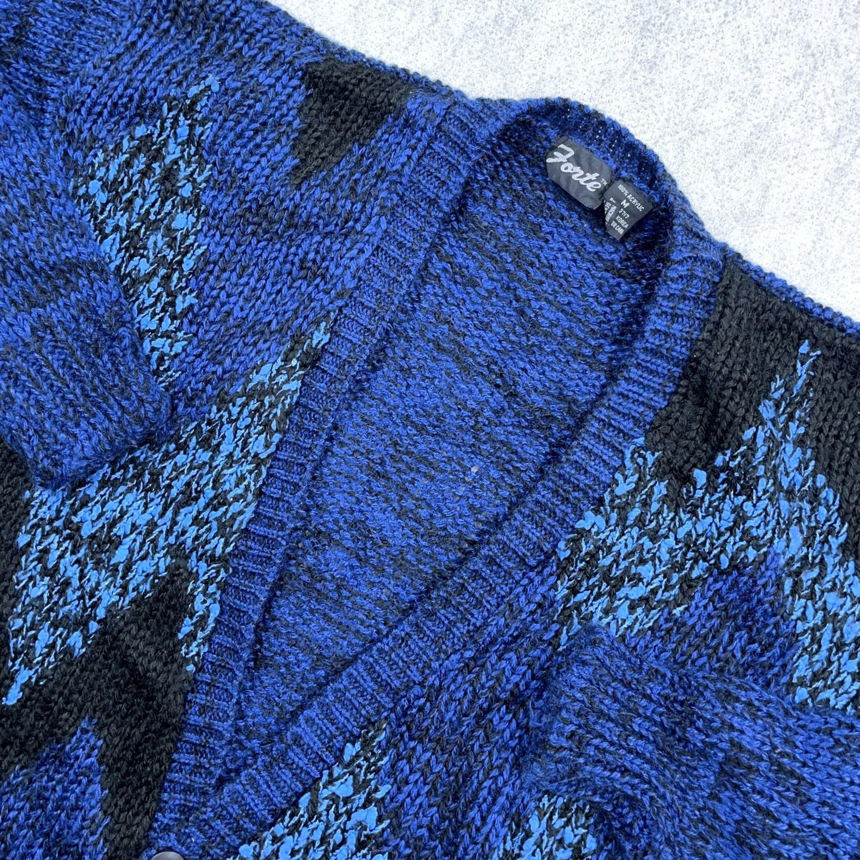 Fortela Vintage Forte Geometric Cardigan Sweater Men M Blue 90s 80s Classic Preppy Teacher American Knit Full Zip Buttons Logo Size US M / EU 48-50 / 2 - 2 Thumbnail