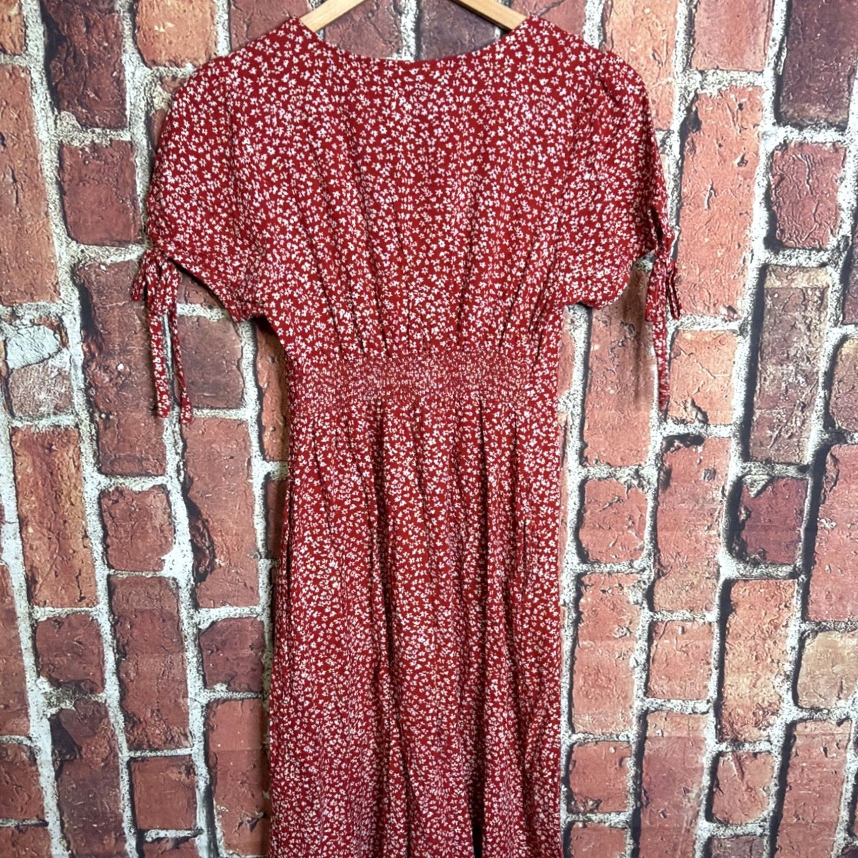 Vintage UNIVERSAL THREAD DRESS Womens S Red Floral PEASANT A-LINE Button-Up Rayon/Linen Ditsy Size S / US 4 / IT 40 - 4 Thumbnail