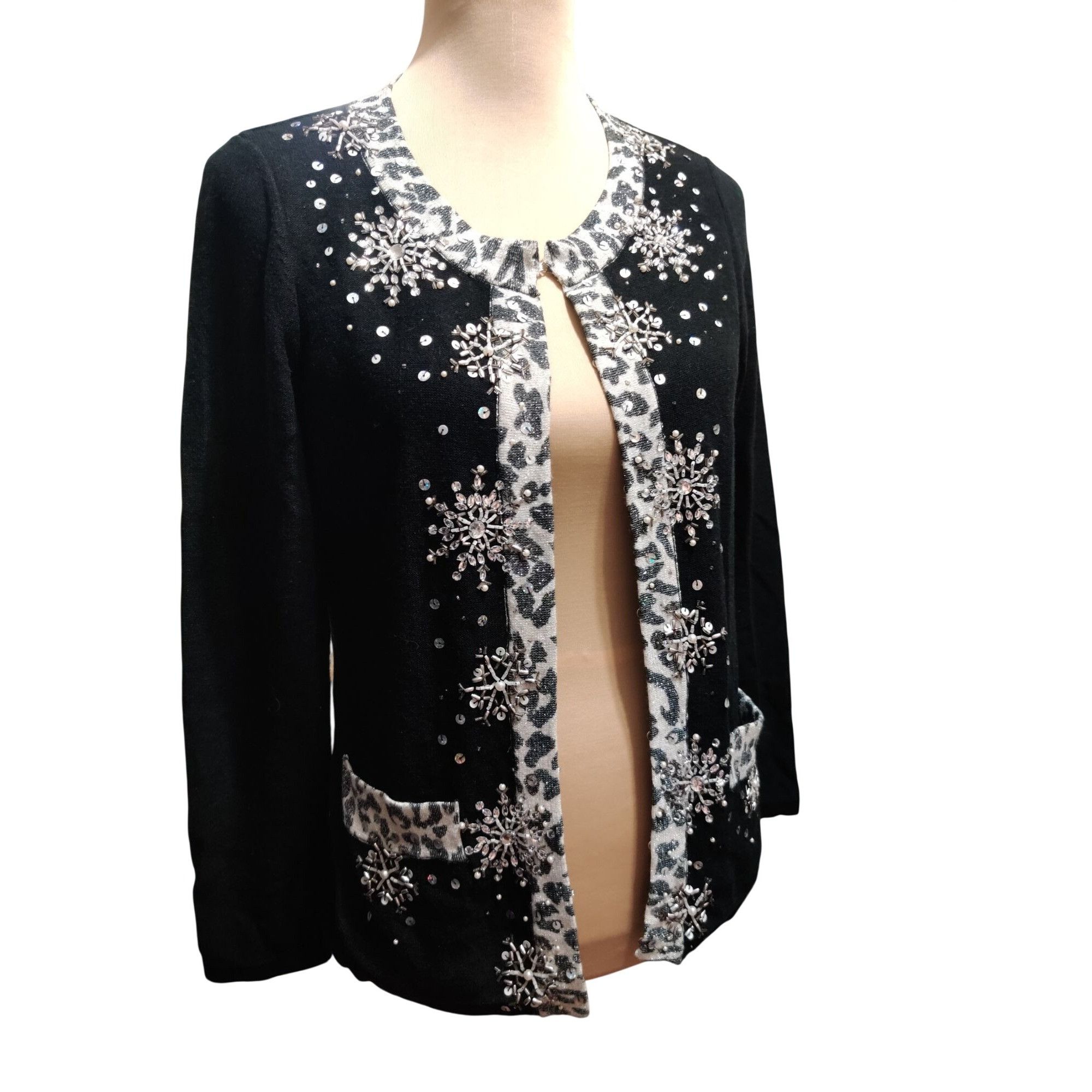 Other Drapers & Damon Size S Beaded Cardigan Black Leopard Trim Se Size S / US 4 / IT 40 - 2 Thumbnail