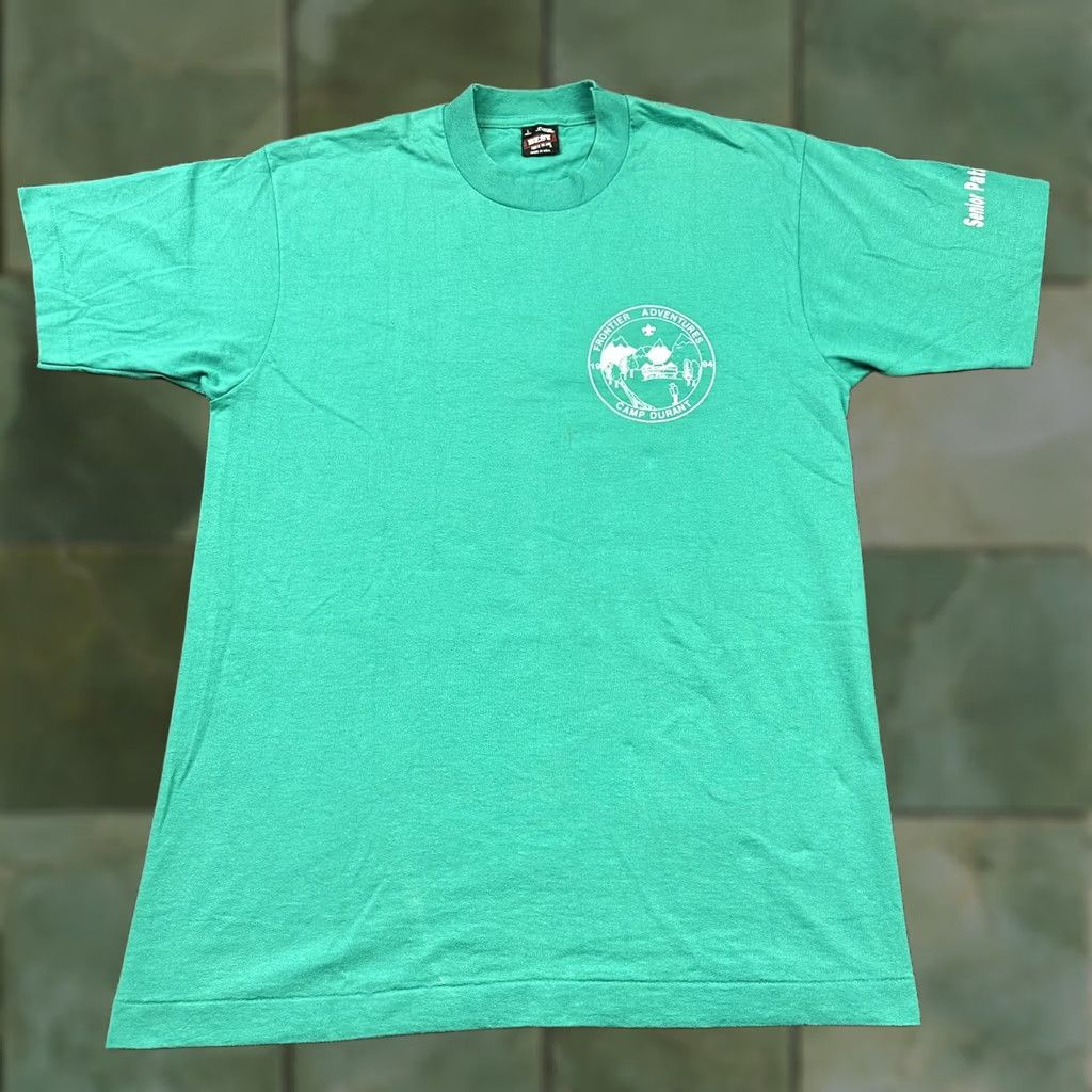 Fruit Of The Loom VINTAGE 1990s Grunge Single Stitch T Shirt Camp Durant Staff Shirt 1994 USA Green Mens L Shirt Size US L / EU 52-54 / 3 - 1 Thumbnail