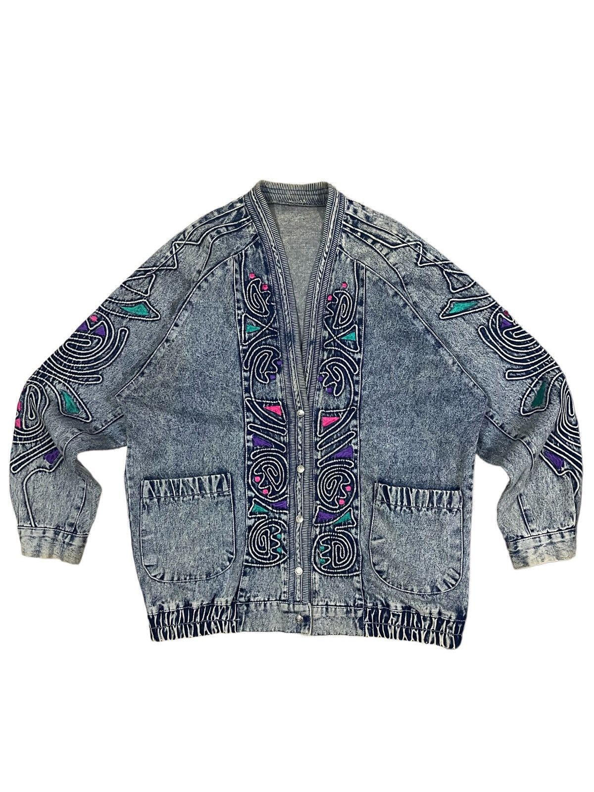 image of Vintage 80's Memphis Art Retro Neon Abstract Denim Cardigan, Women's (Size Large)