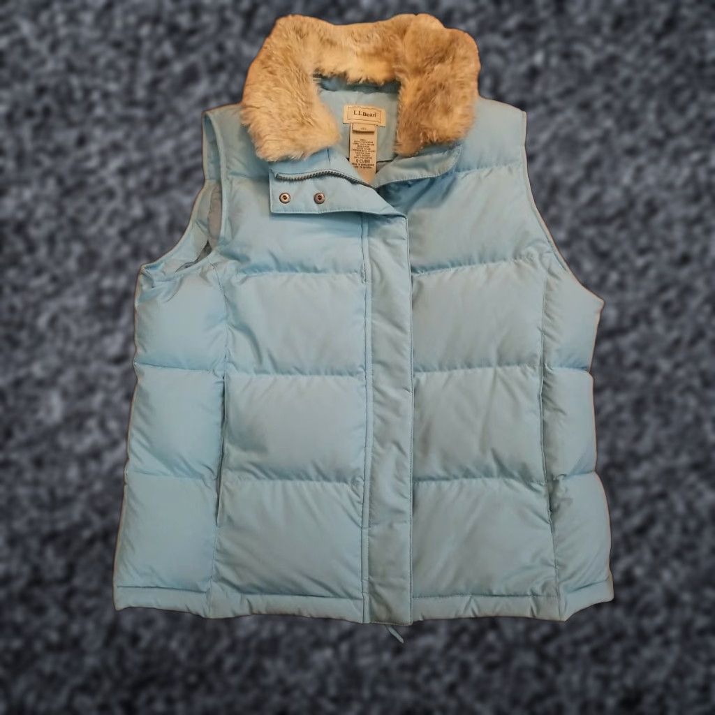 Vintage L.L.Bean Women’s Blue Goose Down Puffer Full Zip Vest L Fur Collar Size L / US 10 / IT 46 - 1 Thumbnail