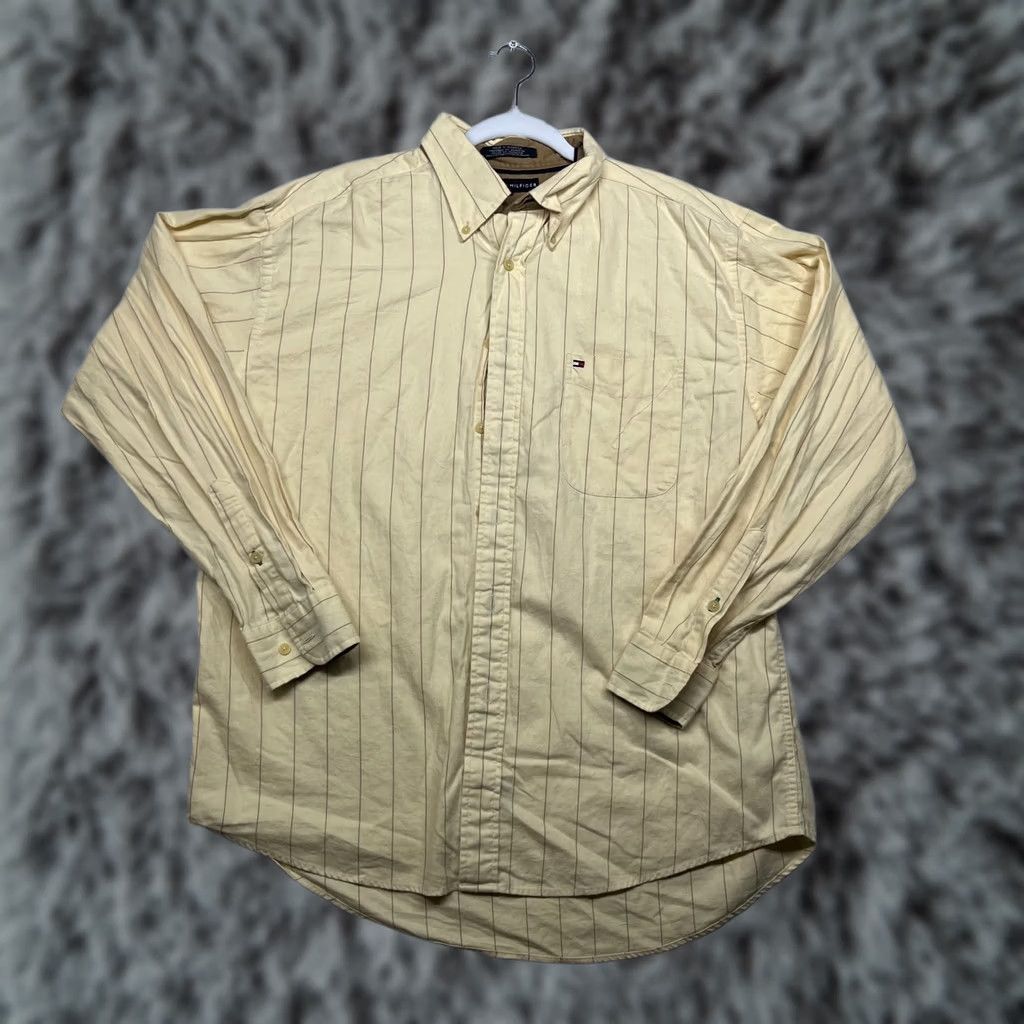 Tommy Hilfiger Shirt Large Tan Striped Classic Button Down Long Sleeve Mens in Beige, Men's
