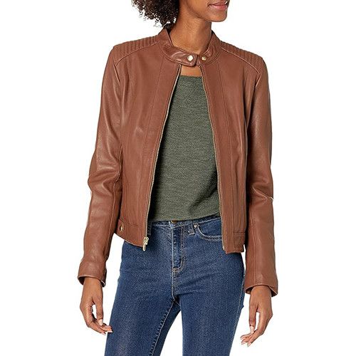 Cole Haan Cole Haan Women's Quilted Panels Leather Jacket Hickory XL Size XL / US 12-14 / IT 48-50 - 1 Thumbnail