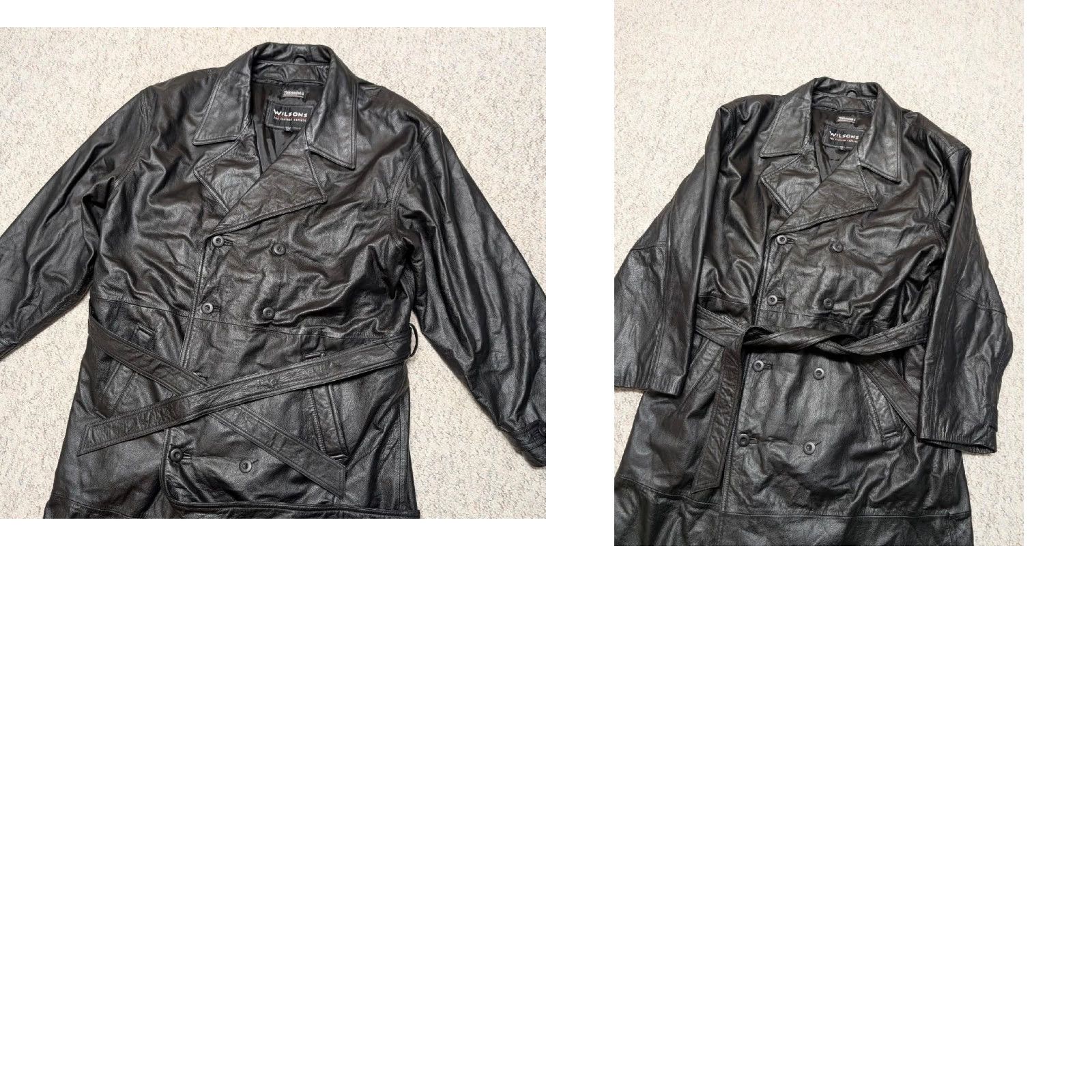 Vintage VINTAGE Wilsons glove leather TRENCH COAT Men XL Black belted double breasted Y2K cowhide coat Mens XL Black trench coat leather Size US XL / EU 56 / 4 - 8 Thumbnail