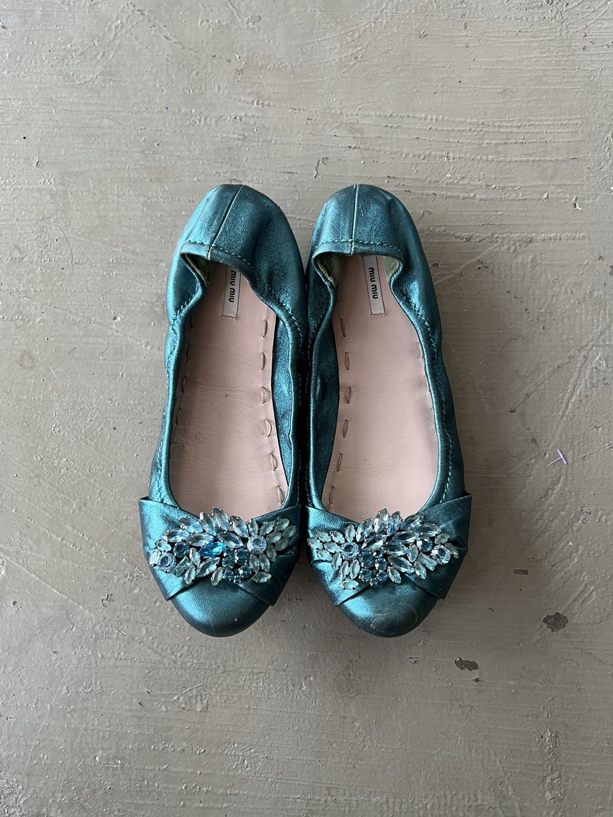Miu Miu Leather Ballet Flats With Gemstone