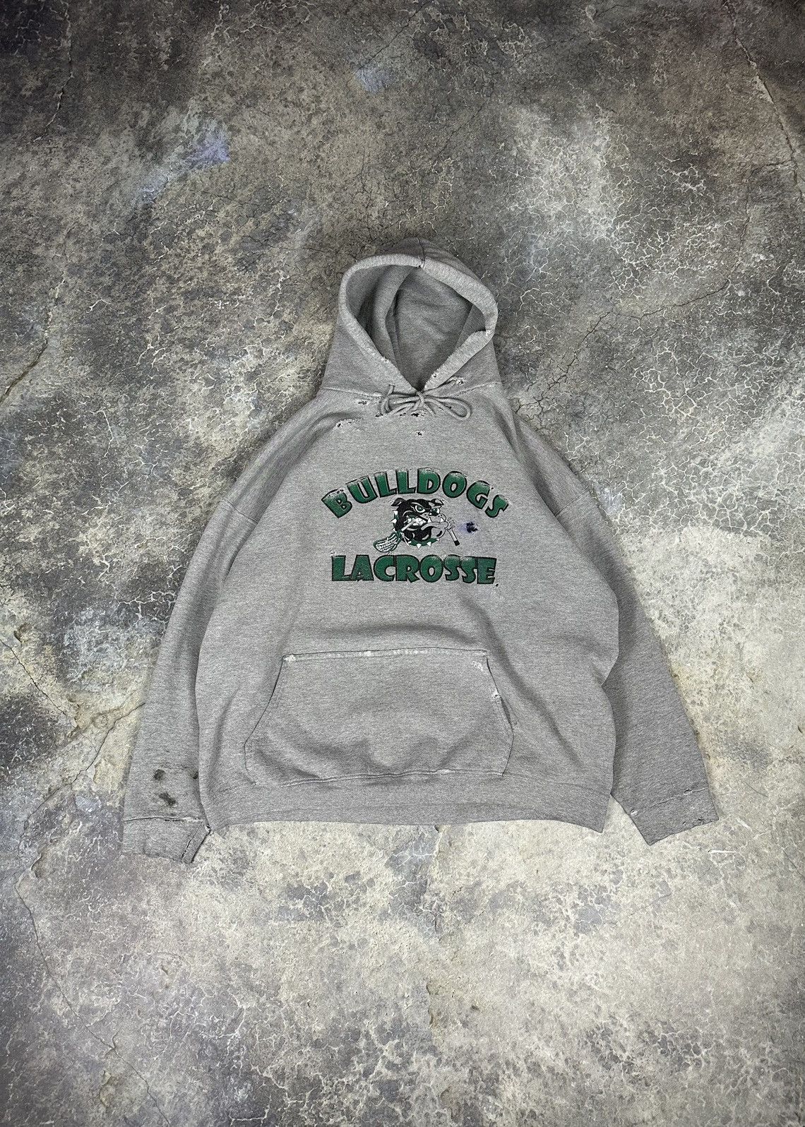 image of Vintage Thrashed Bulldog Lacrosse Hoodie in Grey, Men's (Size Large)