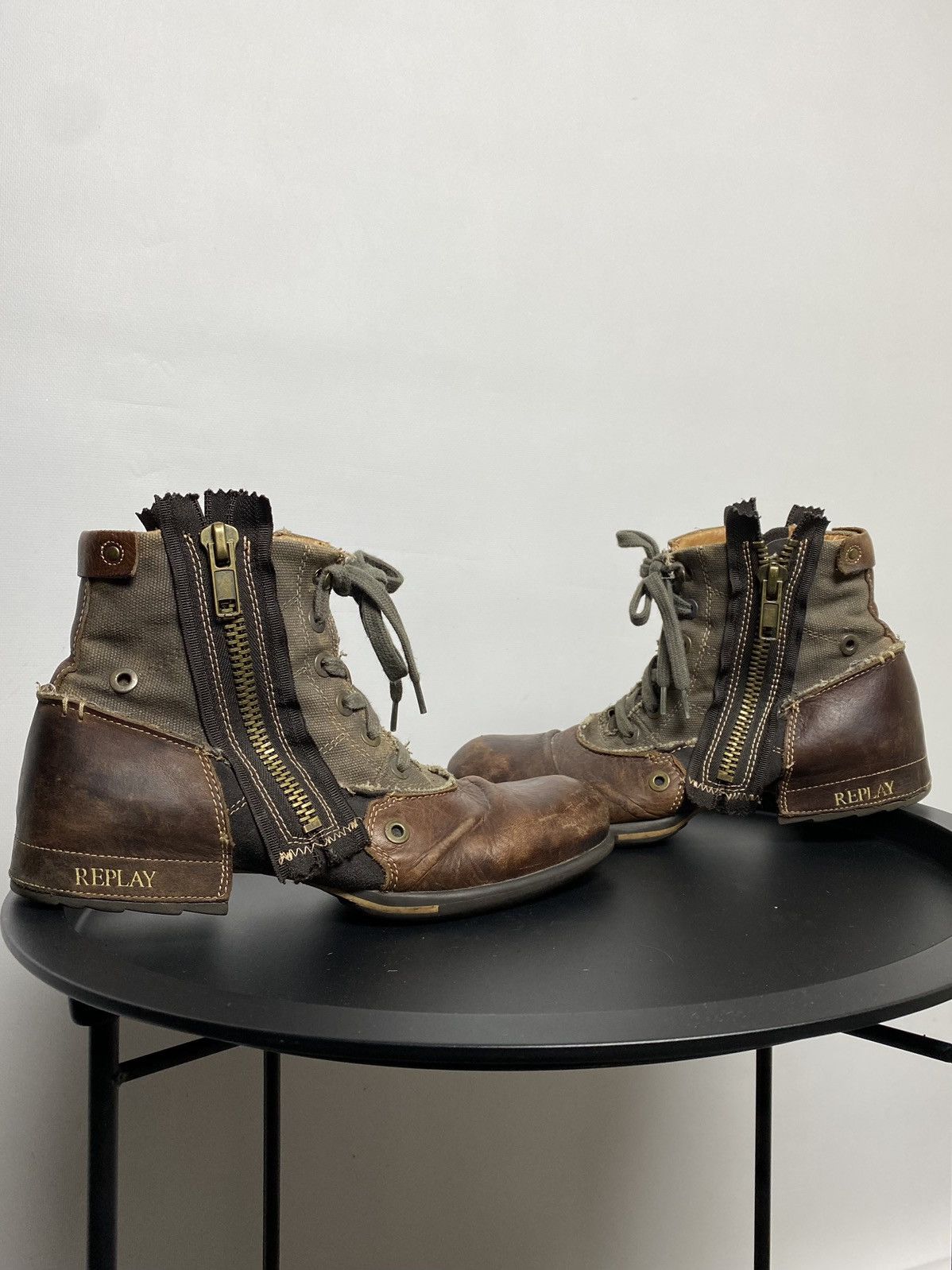 Replay × Vintage Replay Double Zip Distress Leather Boots As98 LGB Rick Vibe Size US 8 / EU 41 - 4 Thumbnail