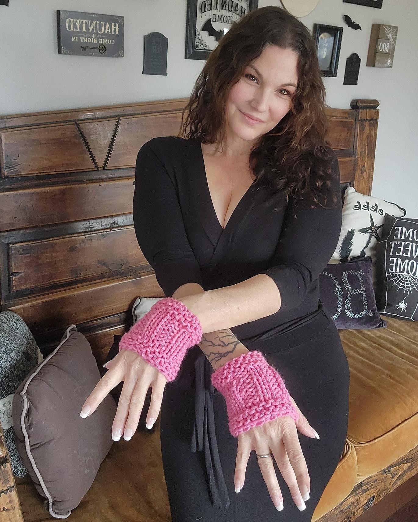Handmade Hand Knit Fingerless Gloves, Armwarmers in Pink, One of a Ki Size ONE SIZE - 2 Thumbnail