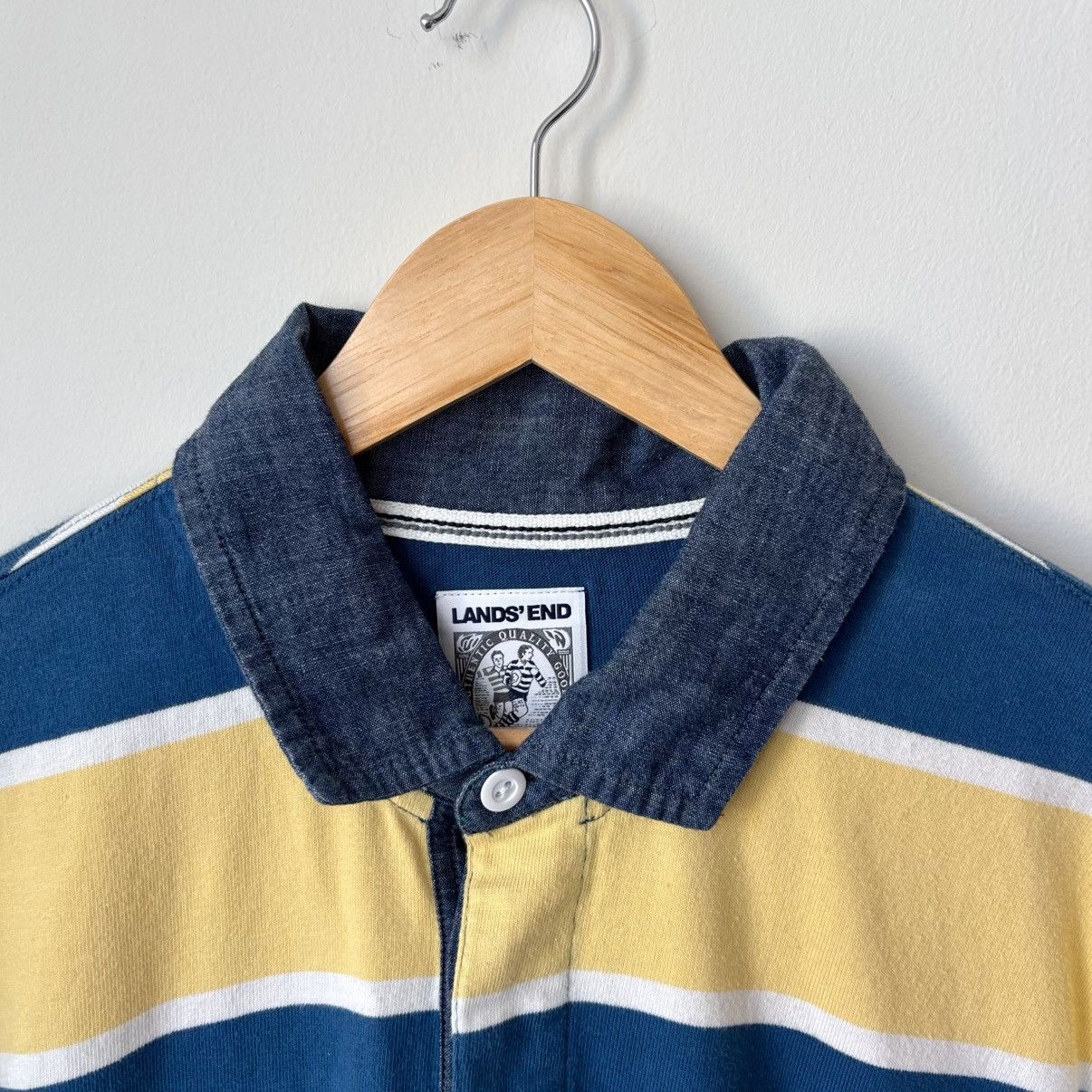 Lands' End Vintage Polo Rugby Shirt Blue Yellow Striped Y2K 90s Size US L / EU 52-54 / 3 - 3 Thumbnail