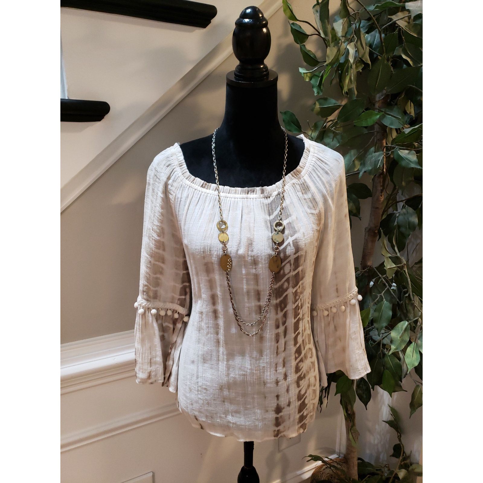 Apt. 9 APT 9 Blouse Women L Beige Boho Tie Dye Peasant Top Size L / US 10 / IT 46 - 1 Thumbnail