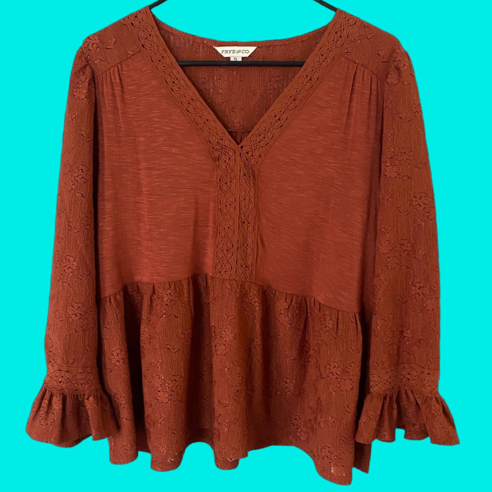 Frye Frye And Co. Blouse V-Neck 3/4 Sleeve Bohemian Lace Flutter Orange XL Womens Size XL / US 12-14 / IT 48-50 - 1 Thumbnail