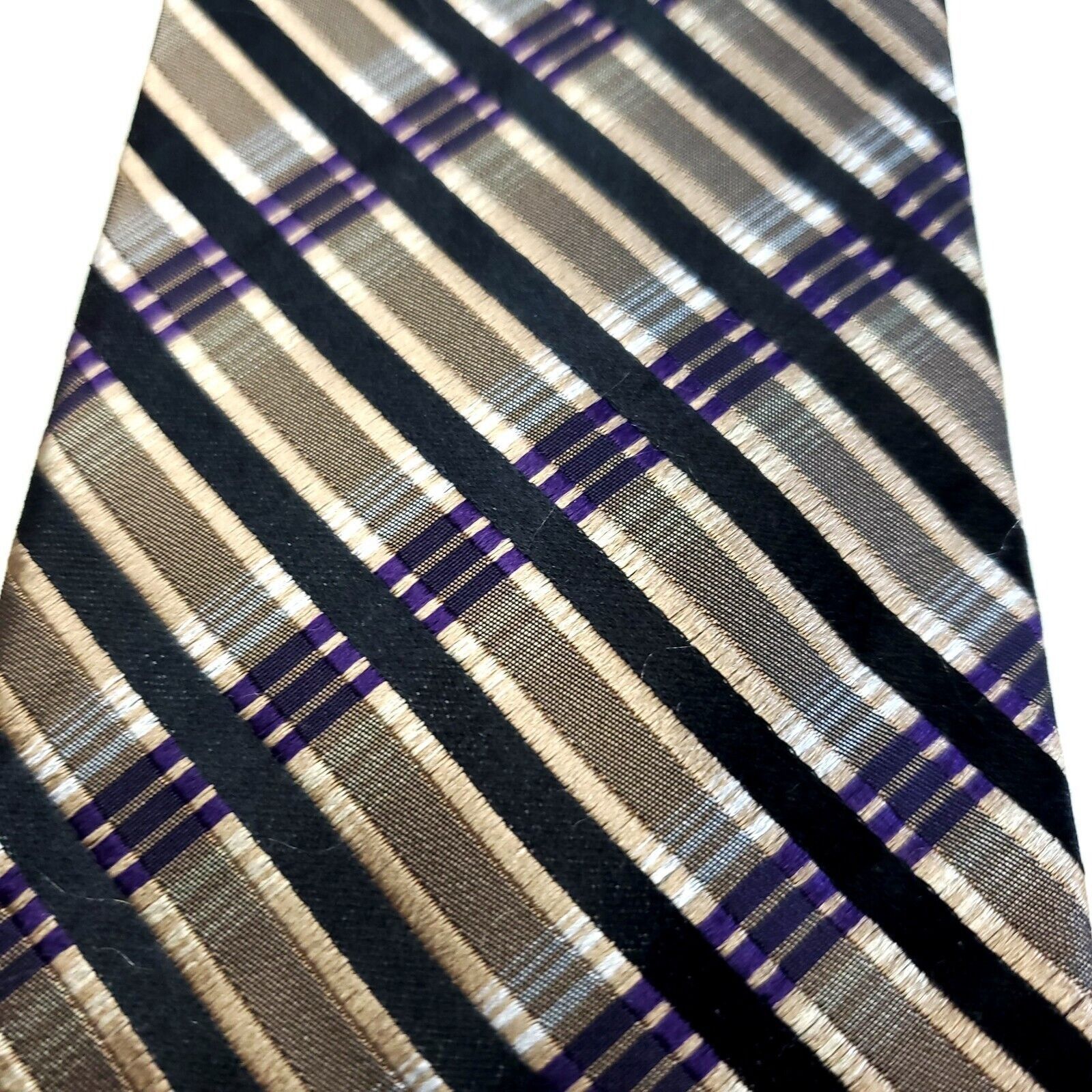 Pronto Uomo Pronto Uomo Couture Woven Tan Black Purple Plaid Silk Tie Size ONE SIZE - 2 Thumbnail