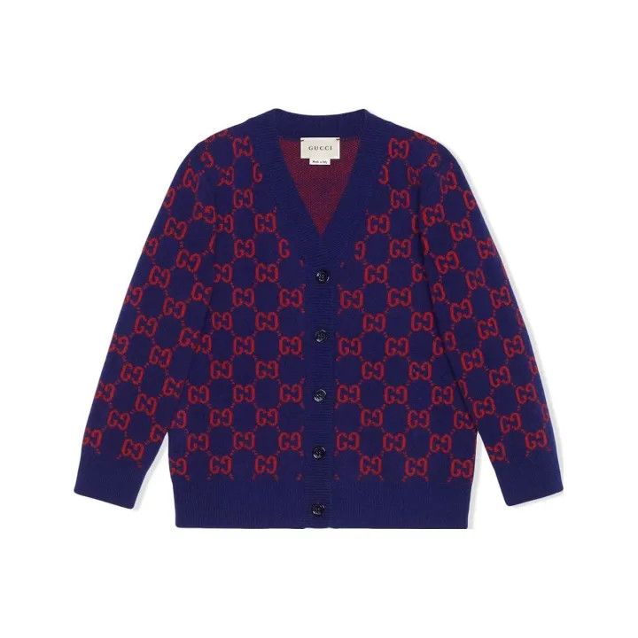 Gucci Kids Blue GG Embroidered V-Neck Sweater