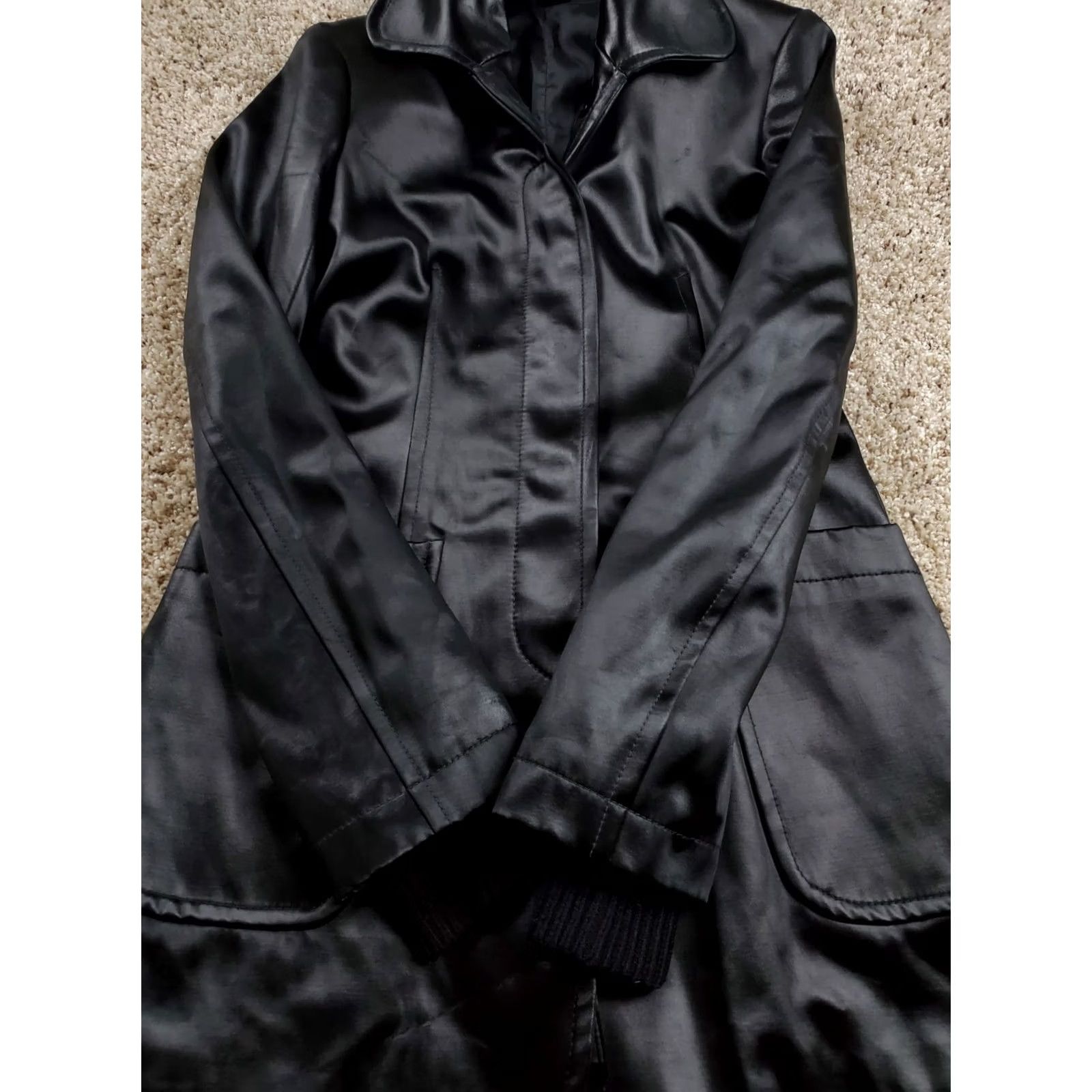 Theory Theory Panyia Trench Coat Jacket Womens P Black Satin Velvet Pockets Button Up Size S / US 4 / IT 40 - 3 Thumbnail