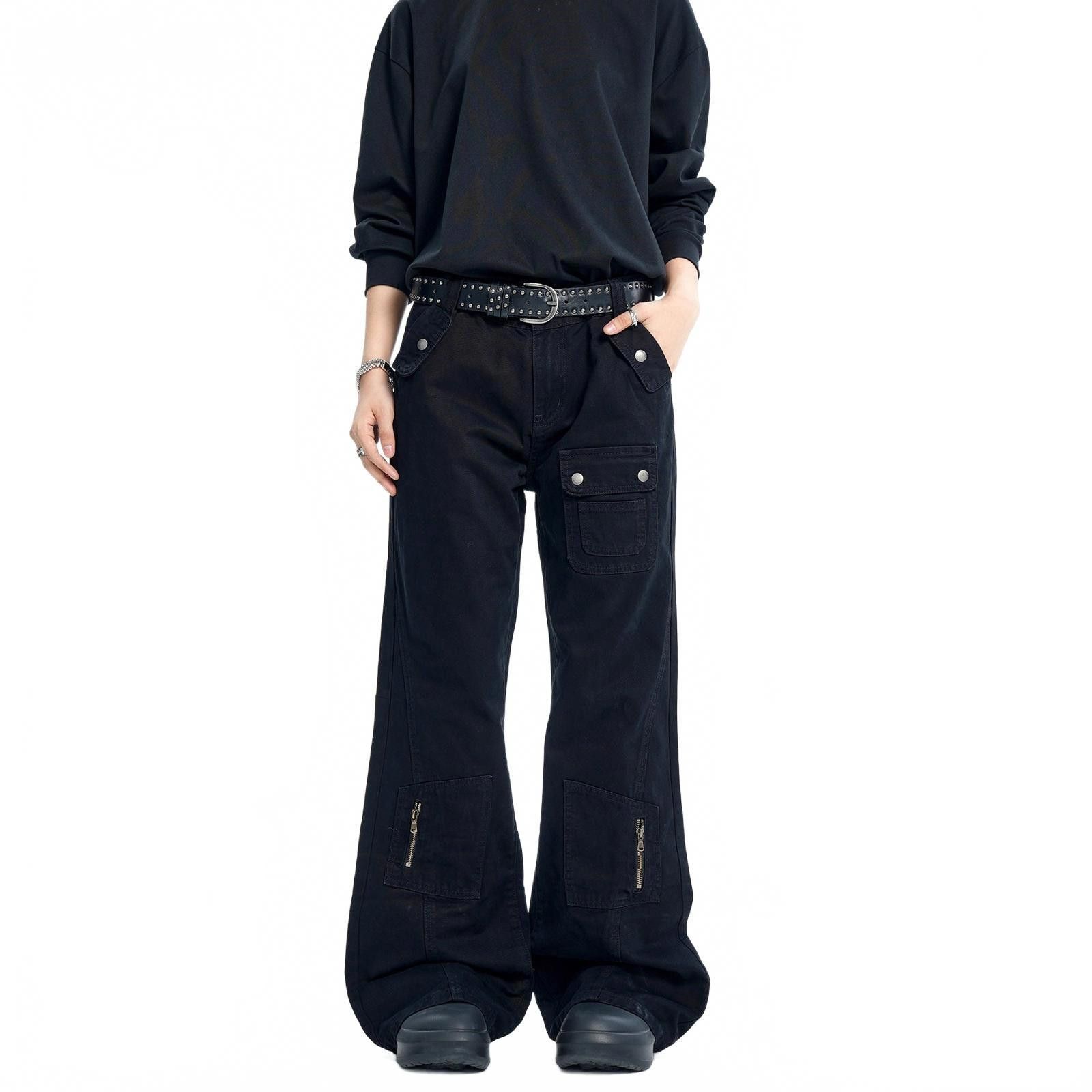 Japanese Brand Black Wide Leg Cargo Pants with Zipper Details Size US 32 / EU 48 - 2 Thumbnail