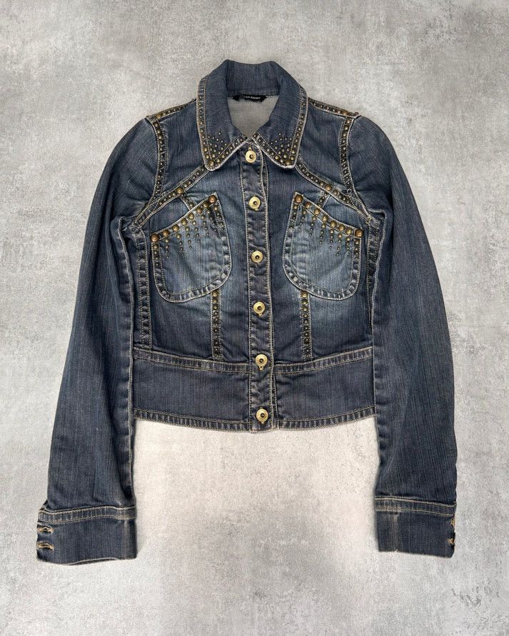 image of Plein Sud Studded Denim Cropped Jacket (Xxs/xs) in Blue, Women's (Size 2XS)