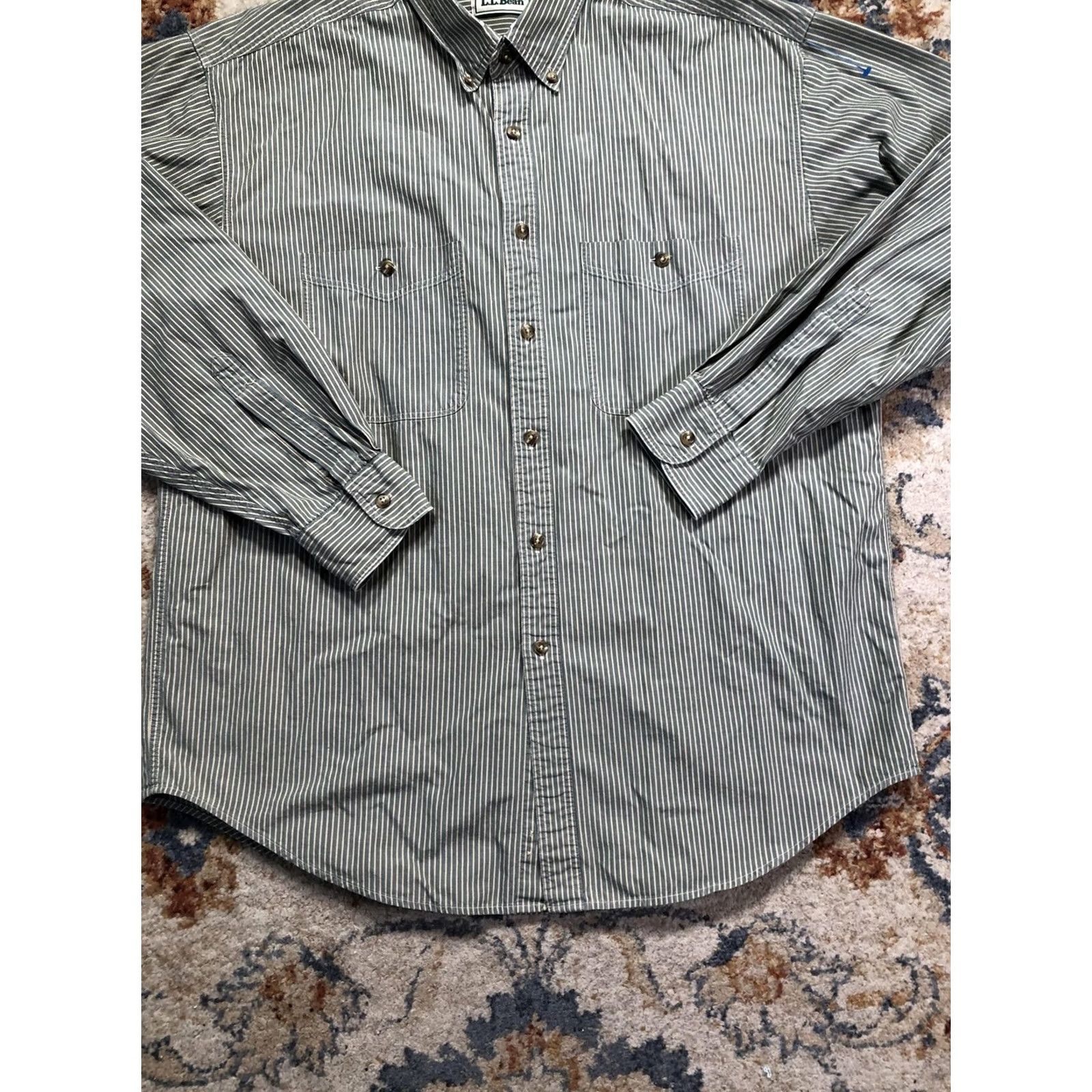 Vintage L.L.Bean Shirt Mens Large Green White Stripe Long Sleeve Button Down Cotton Size US L / EU 52-54 / 3 - 5 Thumbnail