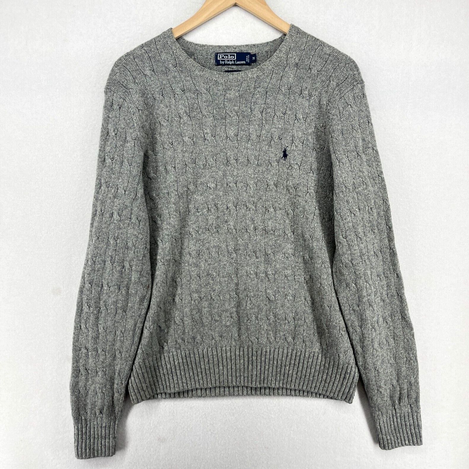 image of Polo Ralph Laurent Sweater Mens M Silk Cable Knit Crewneck Long Sleeve Gray Hk in White (Size Mediu