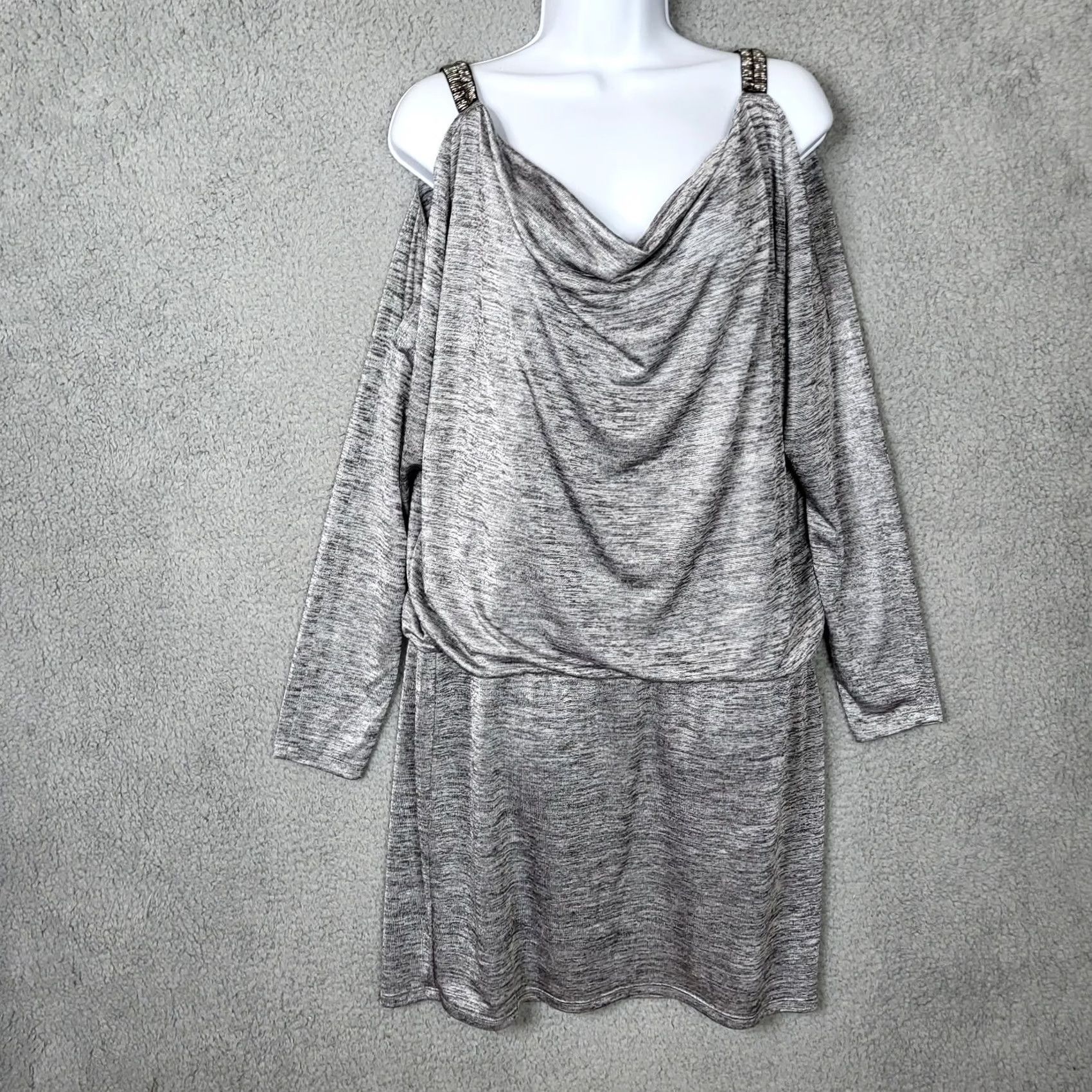 White House Black Market White House Black Market Dress Women’s gray knit Cold shoulder Boat Neck A-Line Above knee XS? Size M Gray Casual Size M / US 6-8 / IT 42-44 - 2 Thumbnail