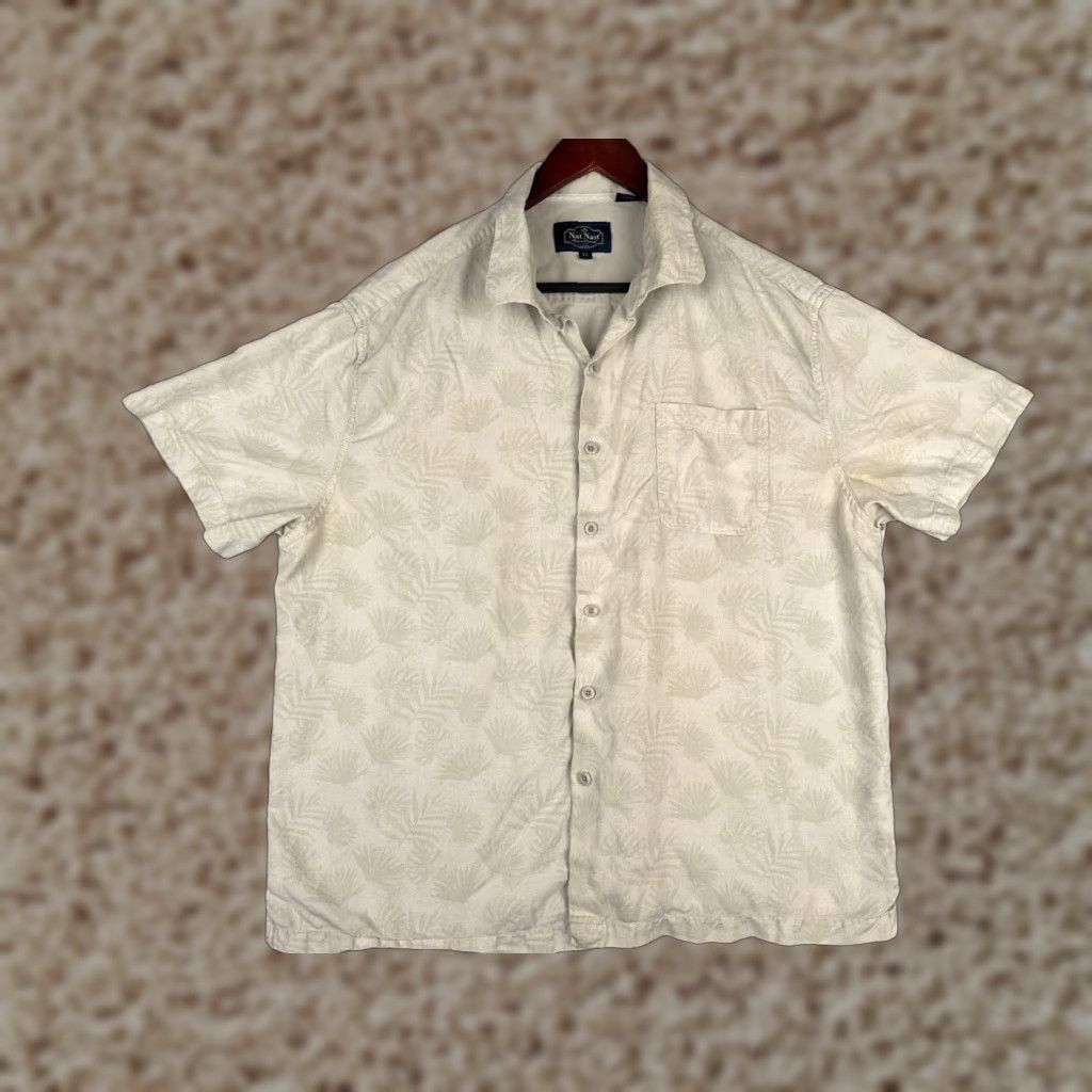 Nat Nast Nat Nast Mens Button-Up Hawaiian Shirt XL Beige Silk Cotton Blend Floral Palm Leaf Printed Hawaiian Adults Mens Size US XL / EU 56 / 4 - 1 Thumbnail