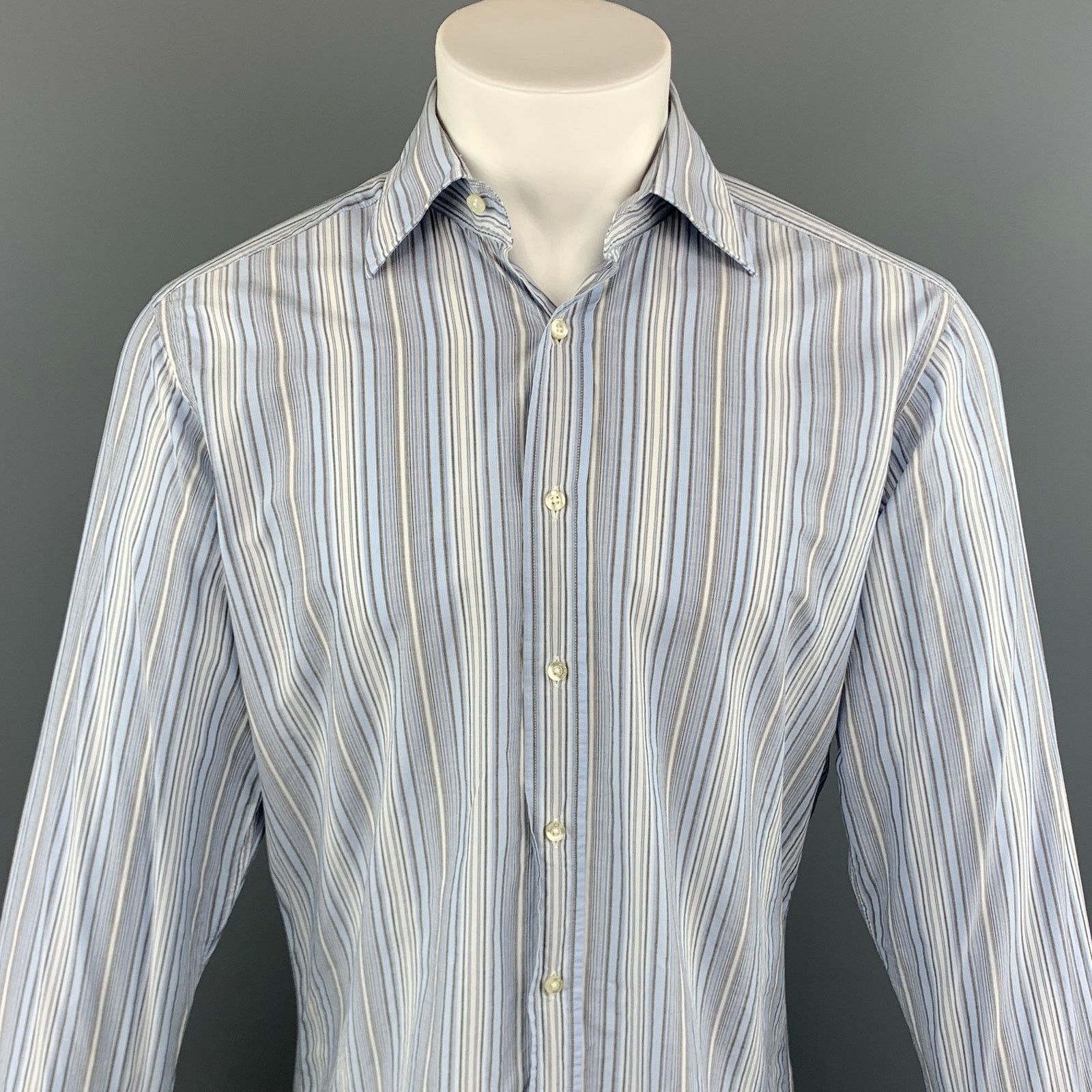 Etro ETRO M Blue & Grey Stripe Cotton Button Up Long Sleeve Shirt Size US M / EU 48-50 / 2 - 2 Thumbnail