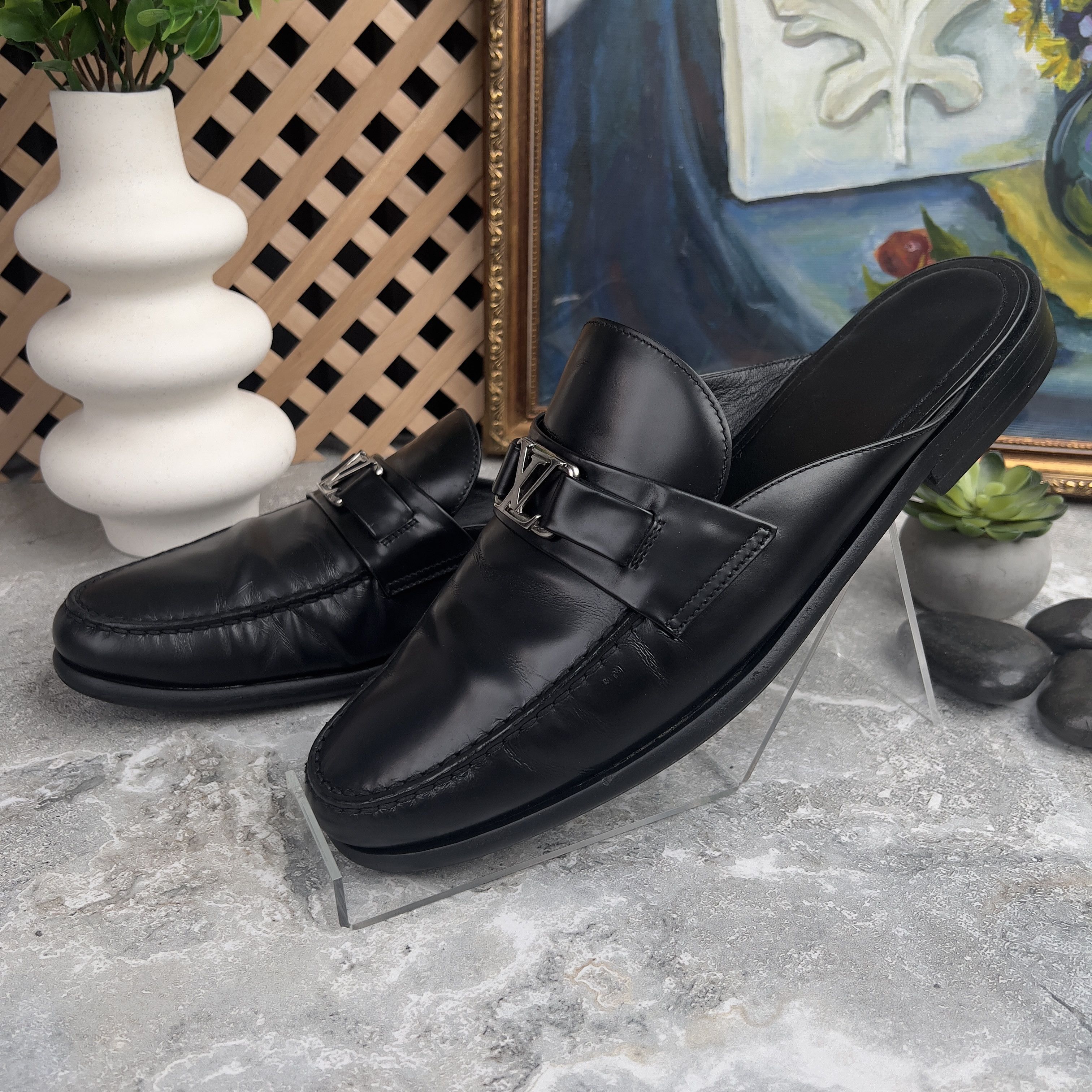 Louis Vuitton Major Open Back Loafers Mules Black Glazed Leather Size US 10 / EU 43 - 1 Thumbnail
