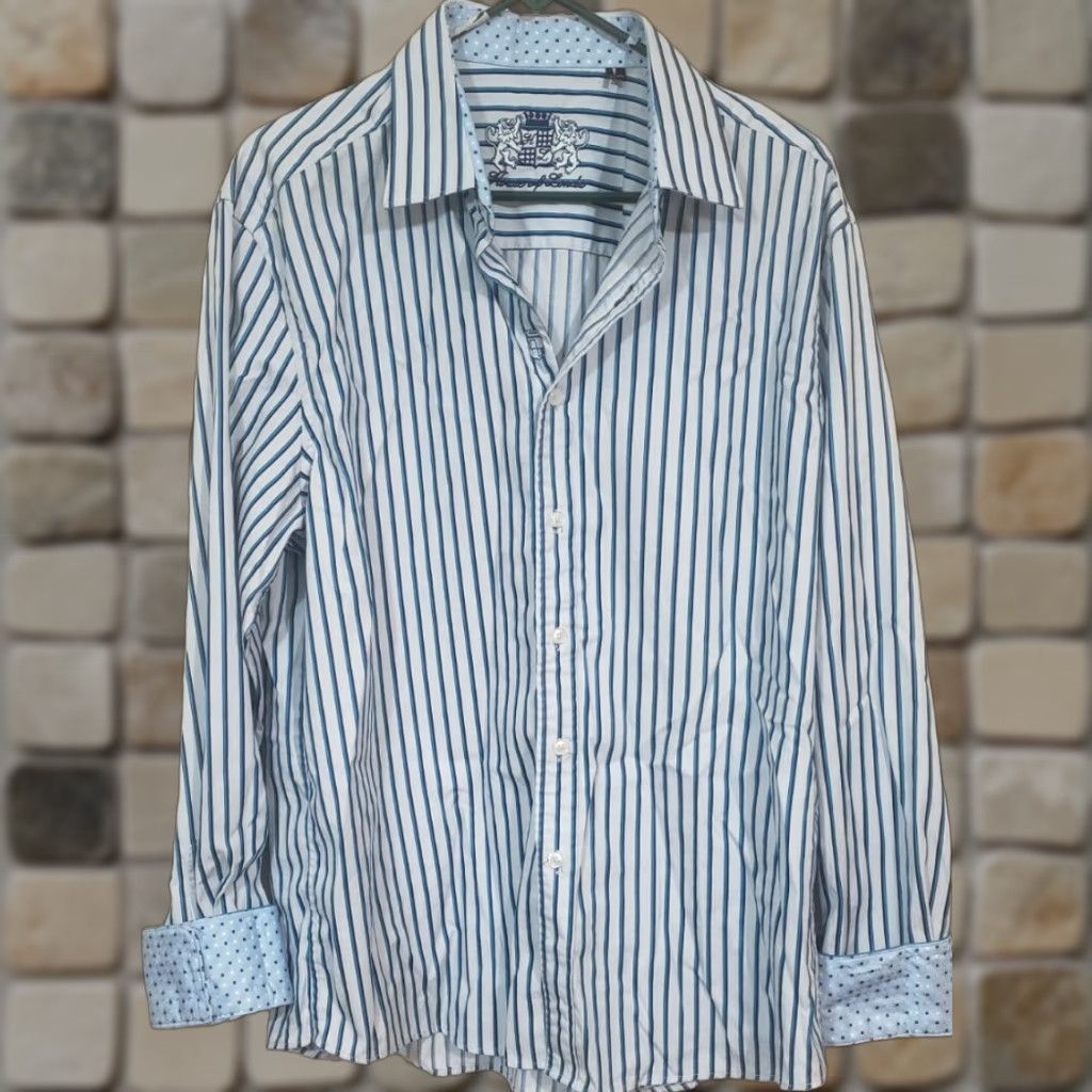 Vintage Mens House of Lords Striped Casual Shirt White Blue Premium Cotton XXL Shirt Mens 2XL Casual Button-Up Cotton White Blue Size US XXL / EU 58 / 5 - 1 Thumbnail