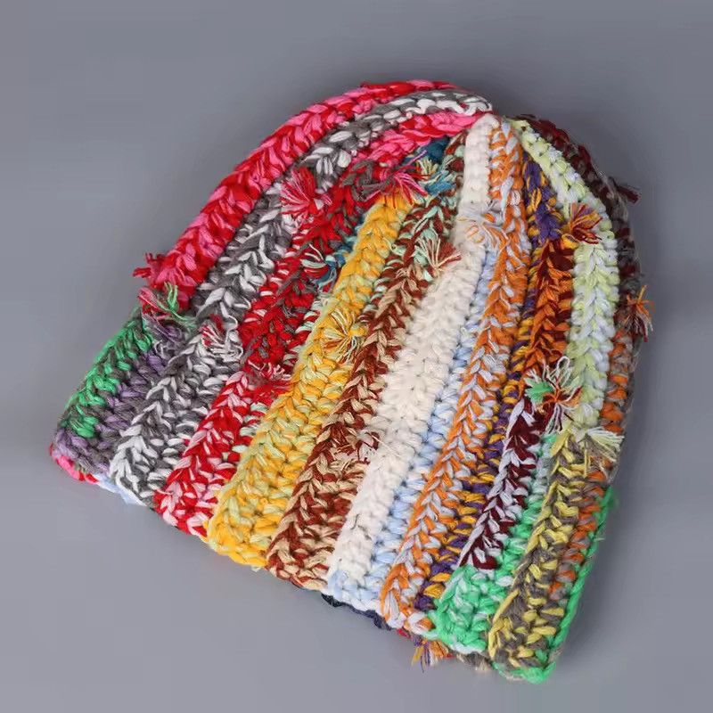 Handmade Multi-strand Twist Mixed Color Knitted Wool Beanie Hat Size ONE SIZE - 3 Thumbnail